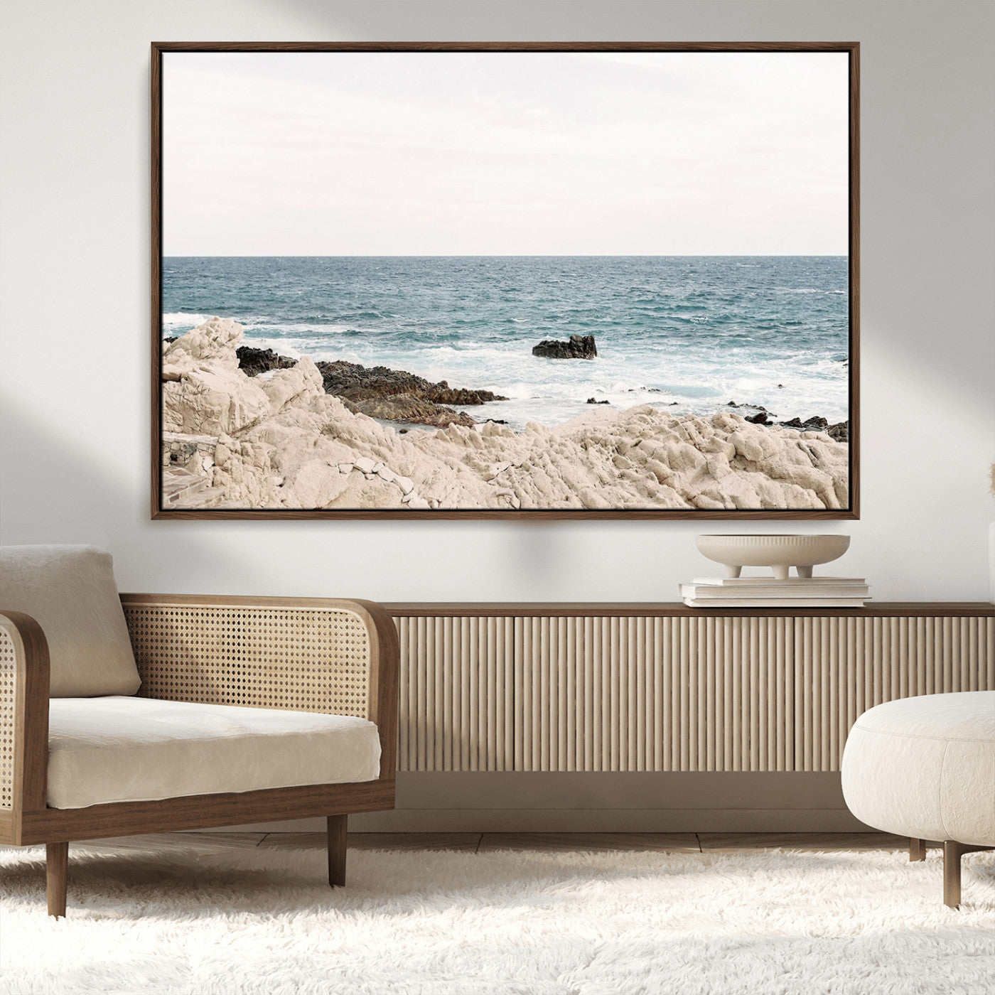 Coastal Ocean View Wall Art Canvas Print – Serene Rocky Shoreline and Blue Sea Photography for Coastal Chic or Minimalist Home Decor