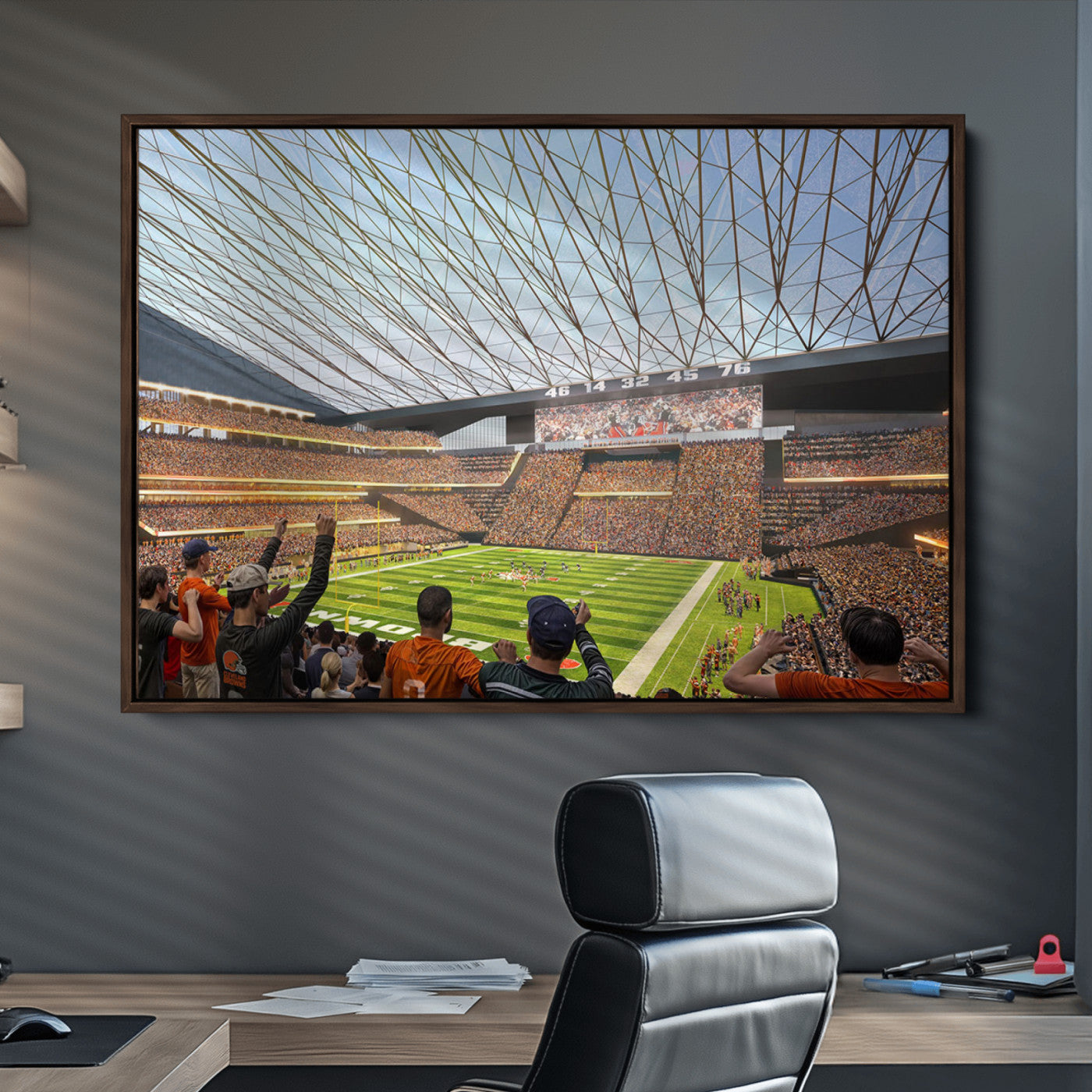 81960112-MGV-CV-36X24-Cleveland Browns Stadium Wall Art Canvas Print – Framed Football Artwork Featuring Cleveland Skyline and Browns Stadium, Perfect for Man Cave or Game Room Decor