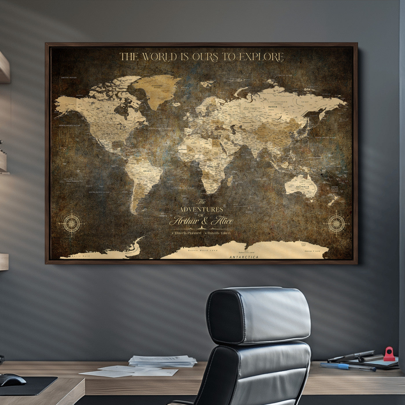 76675404-MGV-CV-36X24-Framed Push Pin World Travel Map – Canvas Wall Art for Tracking Adventures, Decorative Vintage Style Map with Pins for Home or Office - H1