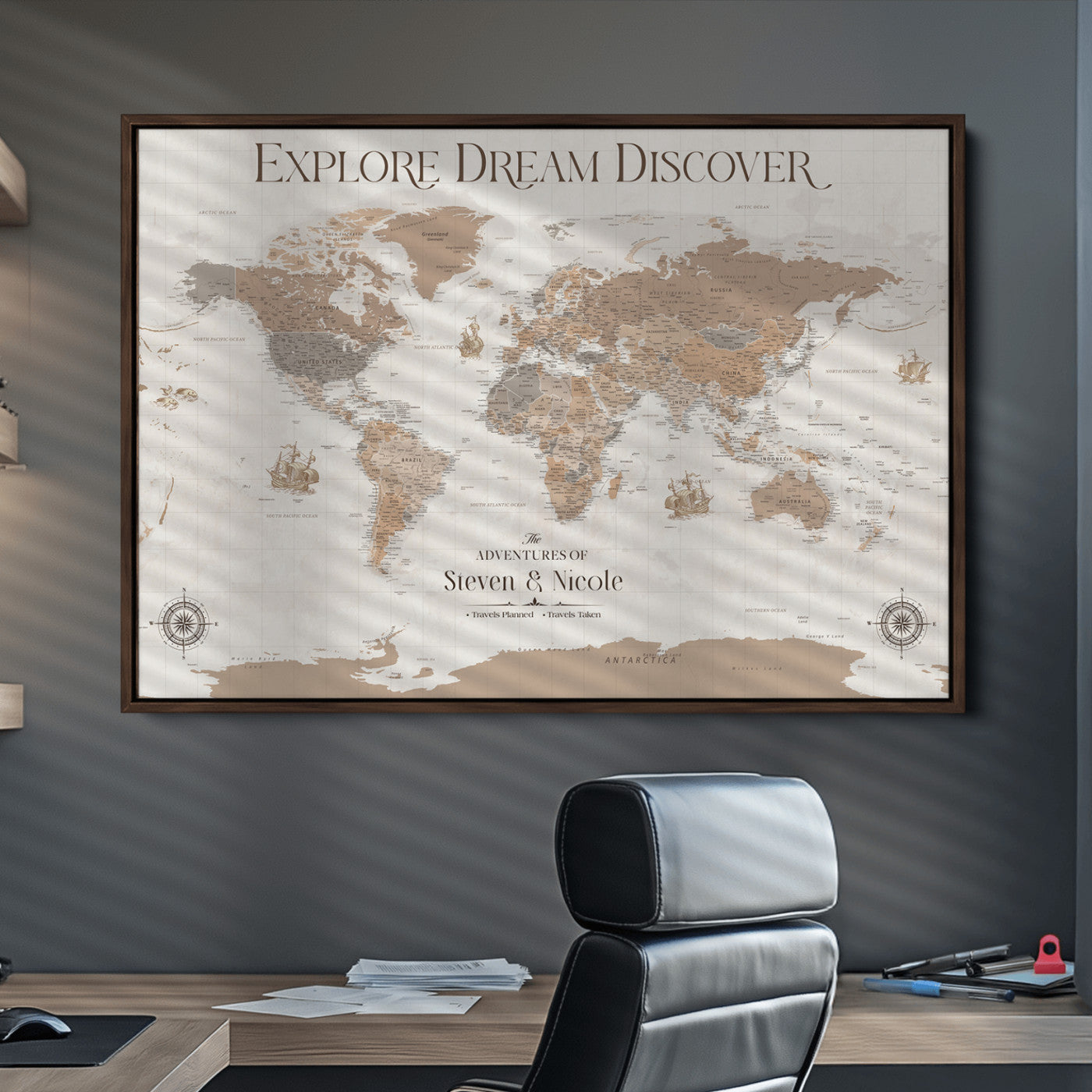 95738134-MGV-CV-36X24-Custom Push Pin World Map Wall Canvas Print – Personalized Travel Tracker with Pins – Framed Large Multi-Size Canvas for Home Office Decor