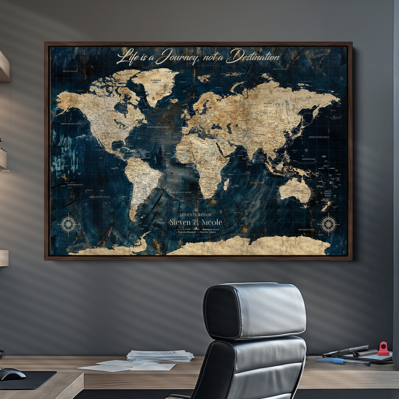 23551206-MGV-CV-36X24-Custom Push Pin World Map Wall Canvas Print – Personalized Travel Tracker with Pins – Framed Large Multi-Size Canvas for Home Office Decor