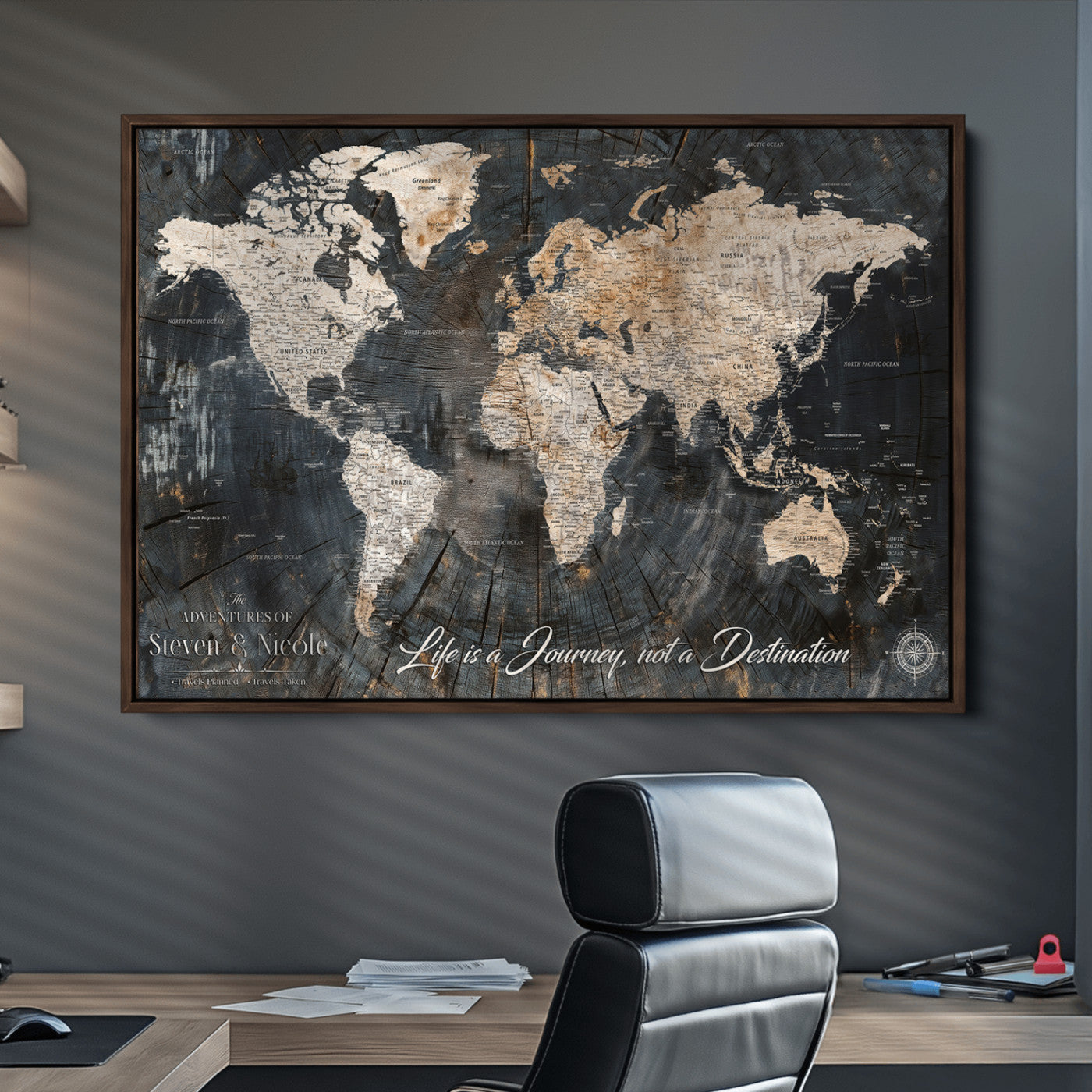 13001721-MGV-CV-36X24-Custom Push Pin World Map Wall Canvas Print – Personalized Travel Tracker with Pins – Framed Large Multi-Size Canvas for Home Office Decor