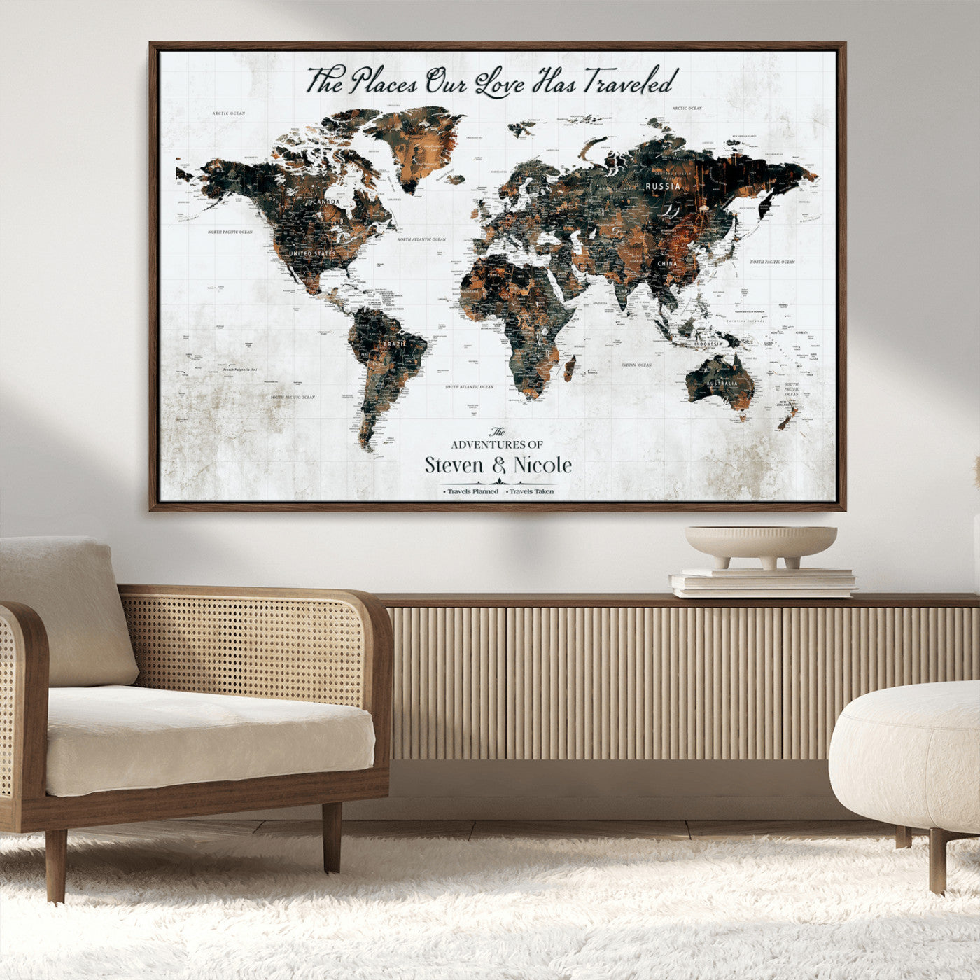89231588-MGV-CV-36X24-World Travel Map with Pins – Framed Canvas Print to Track Adventures and Create a Visual Travel Journal, Ideal Wall Art for Home - H17
