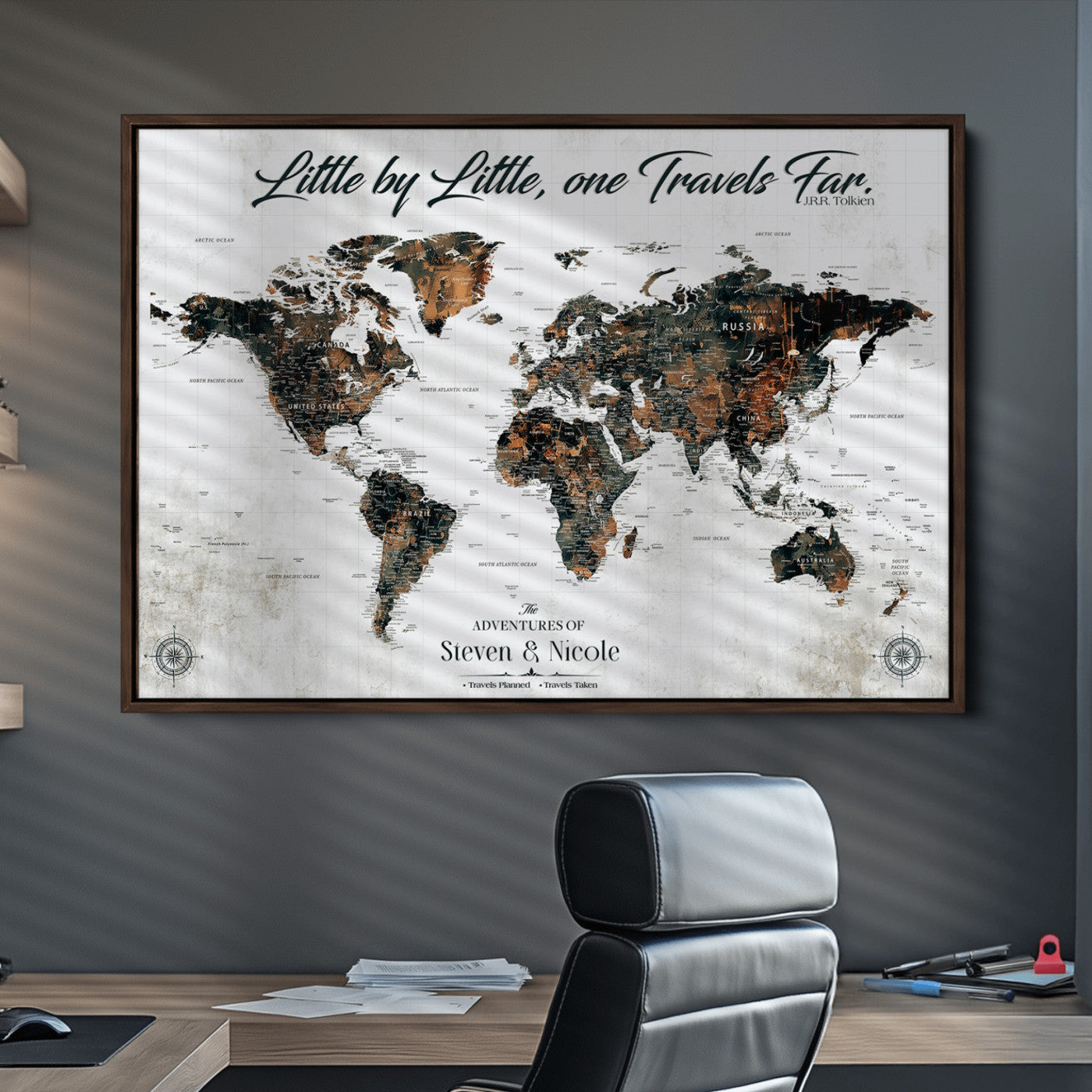 89231588-MGV-CV-36X24-Custom Push Pin World Map Wall Canvas Print – Personalized Travel Tracker with Pins – Framed Large Multi-Size Canvas for Home Office Decor