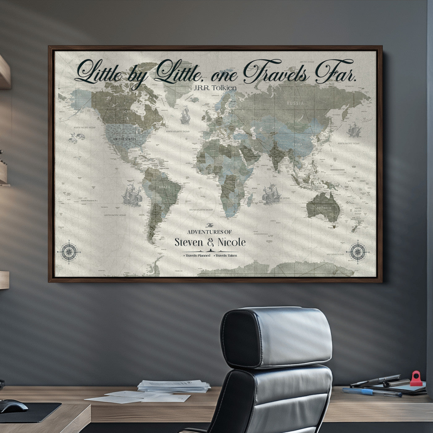 72081300-MGV-CV-36X24-Custom Push Pin World Map Wall Canvas Print – Personalized Travel Tracker with Pins – Framed Large Multi-Size Canvas for Home Office Decor