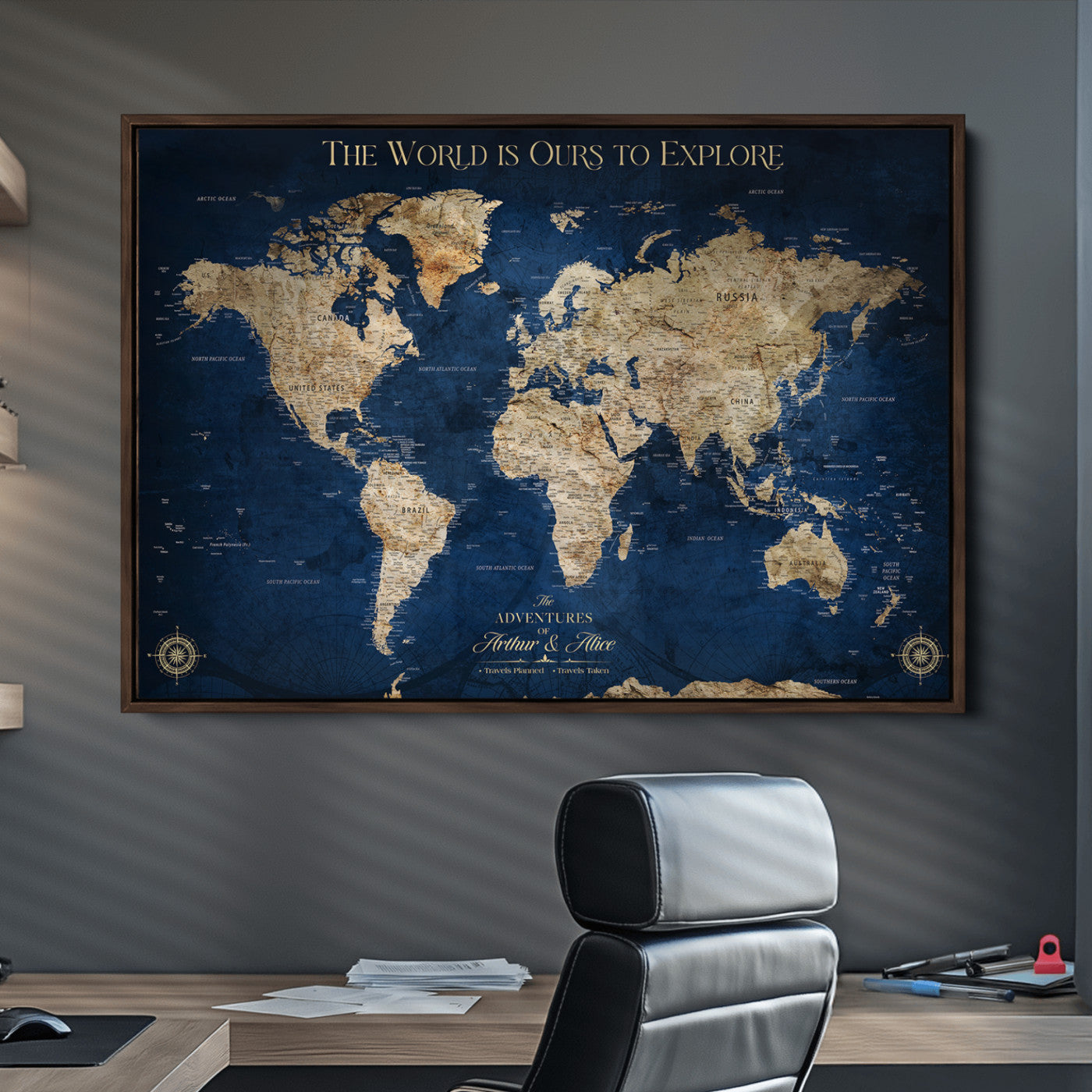 10181149-MGV-CV-36X24-Custom Push Pin World Map Wall Canvas Print – Personalized Travel Tracker with Pins – Framed Large Multi-Size Canvas for Home Office Decor