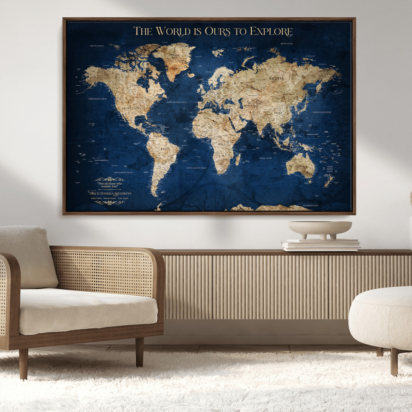 10181149-MGV-CV-36X24-Custom Push Pin World Map Wall Canvas Print – Personalized Travel Tracker with Pins – Framed Large