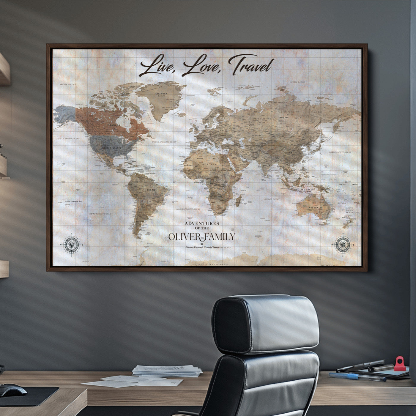 76256172-MGV-CV-36X24-Custom Push Pin World Map Wall Canvas Print – Personalized Travel Tracker with Pins – Framed Large Multi-Size Canvas for Home Office Decor
