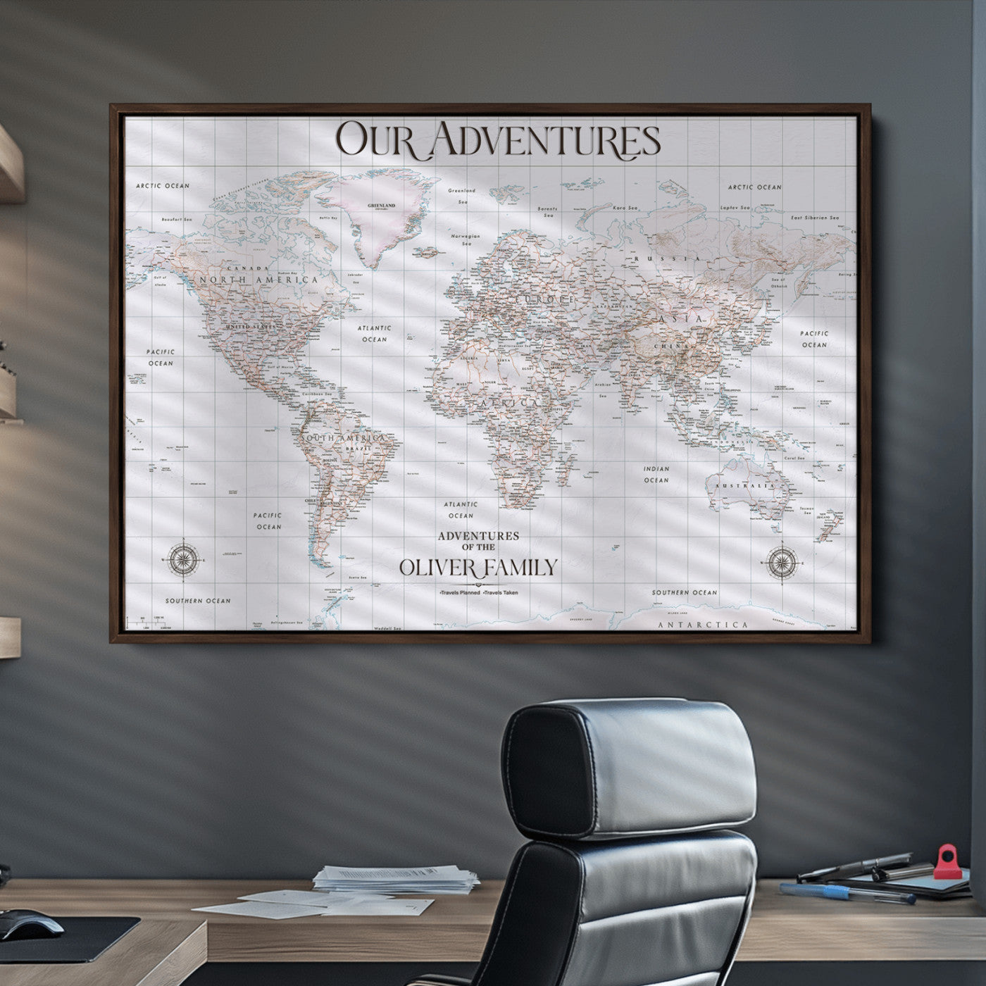 40041157-MGV-CV-36X24-Custom Push Pin World Map Wall Canvas Print – Personalized Travel Tracker with Pins – Framed Large Multi-Size Canvas for Home Office Decor