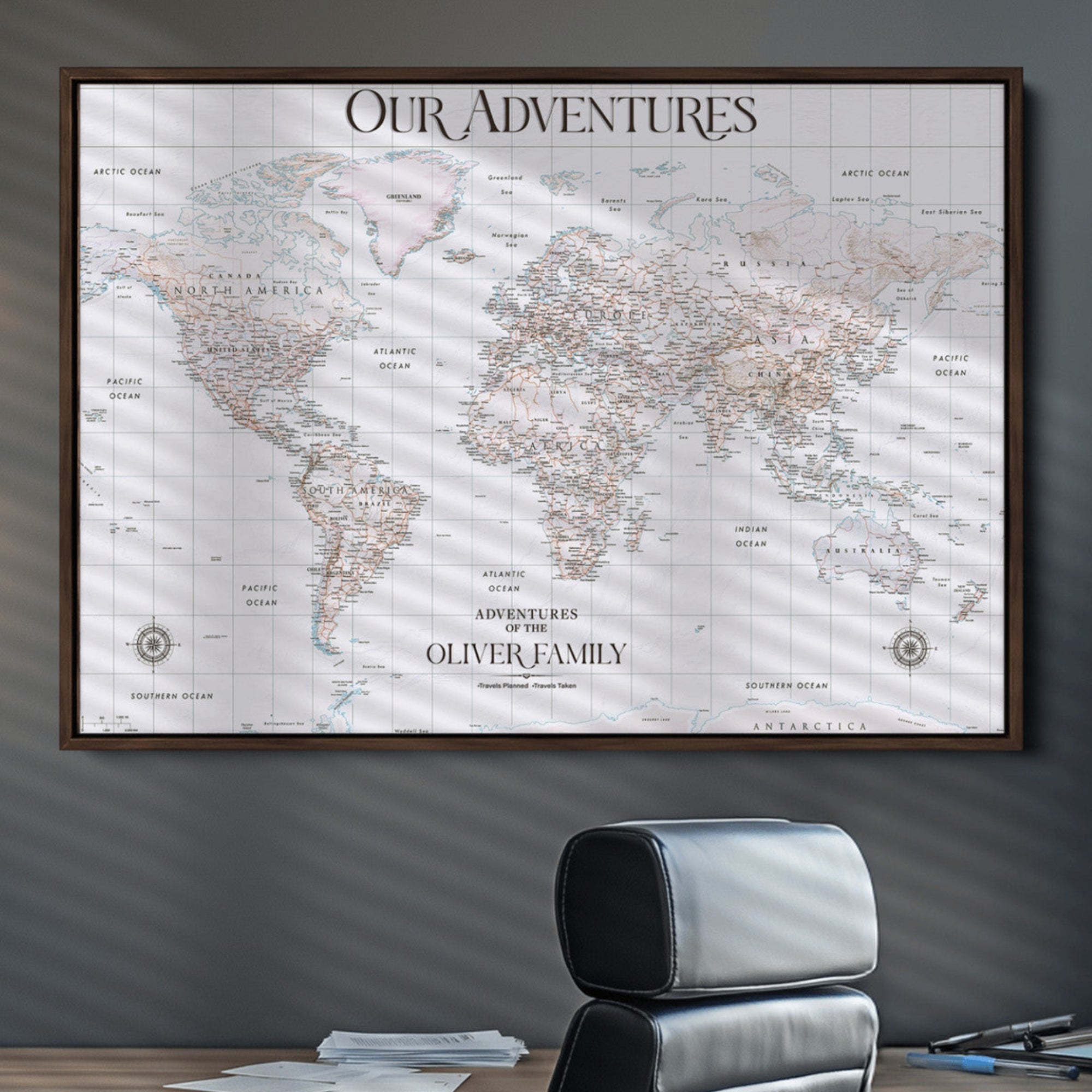 -Personalized Push Pin World Map Canvas – Custom Framed Travel Tracker Wall Art, Large Adventure Map with Pins for Home, Office