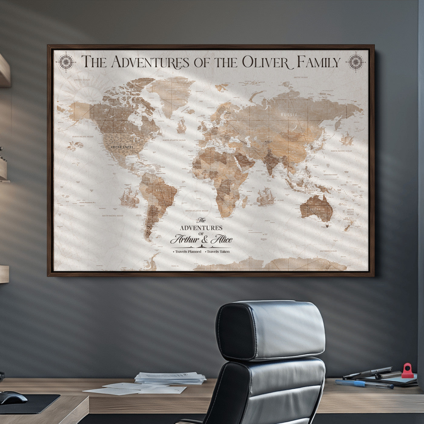 58395047-MGV-CV-36X24-Custom Push Pin World Map Wall Canvas Print – Personalized Travel Tracker with Pins – Framed Large Multi-Size Canvas for Home Office Decor