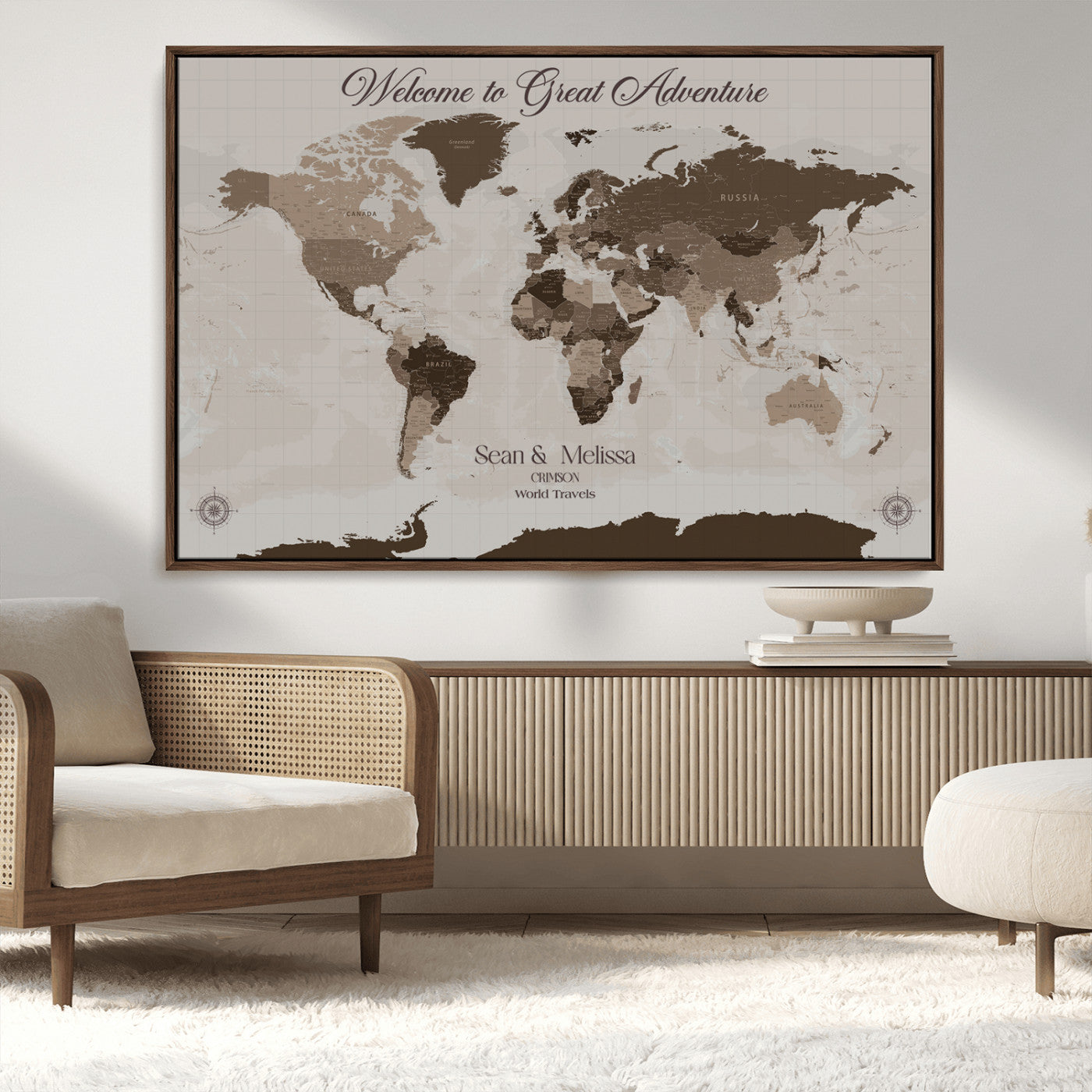 49871705-MGV-FC-36X24_Walnut-Custom Push Pin World Map Wall Canvas Print – Personalized Travel Tracker with Pins – Framed Large Multi-Size Canvas for Home Office Decor