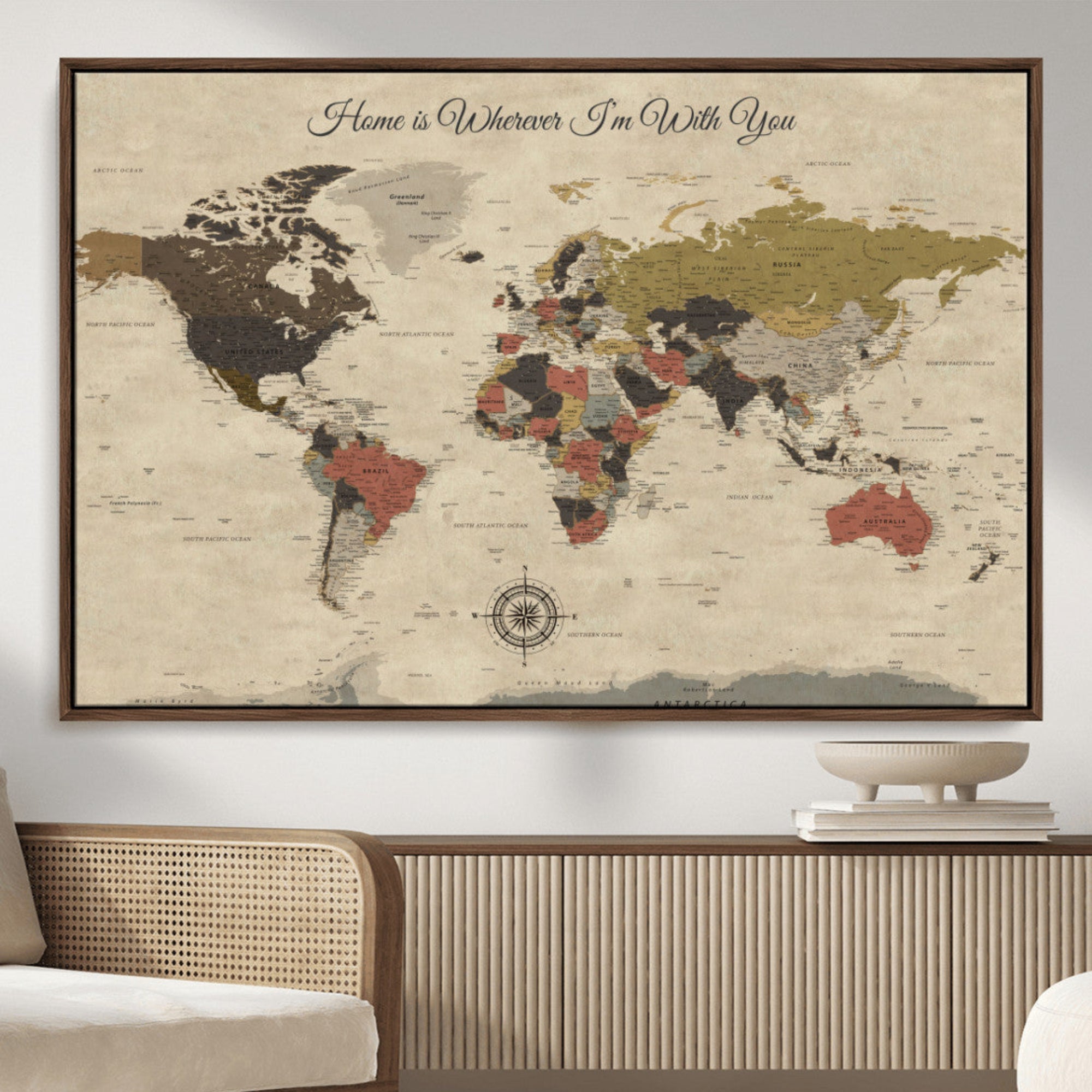 Rehber01-MGV-CV-36X24-Personalized World Map Wall Art Canvas Print – Customizable Push Pin Framed Travel Map Artwork for Home Office