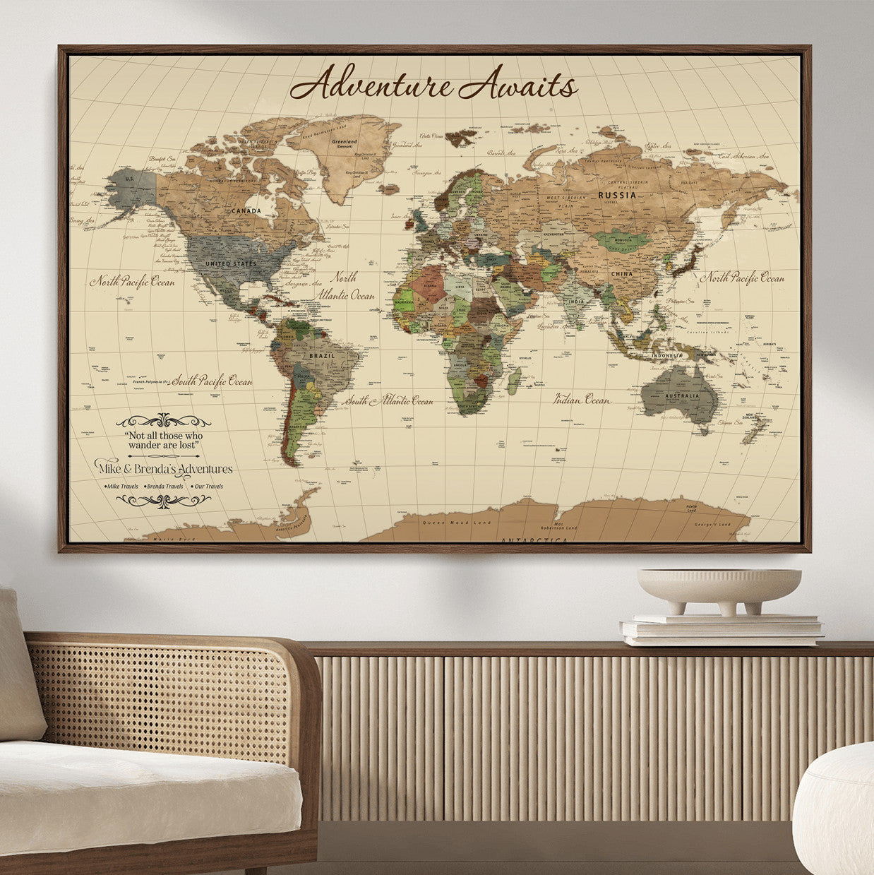 31875069-MGV-FC-36X24 - Customizable Push Pin World Map Wall Canvas Print – Personalize Travel Tracker with Pins – Framed Custom Quotie Canvas for Home Office Decor