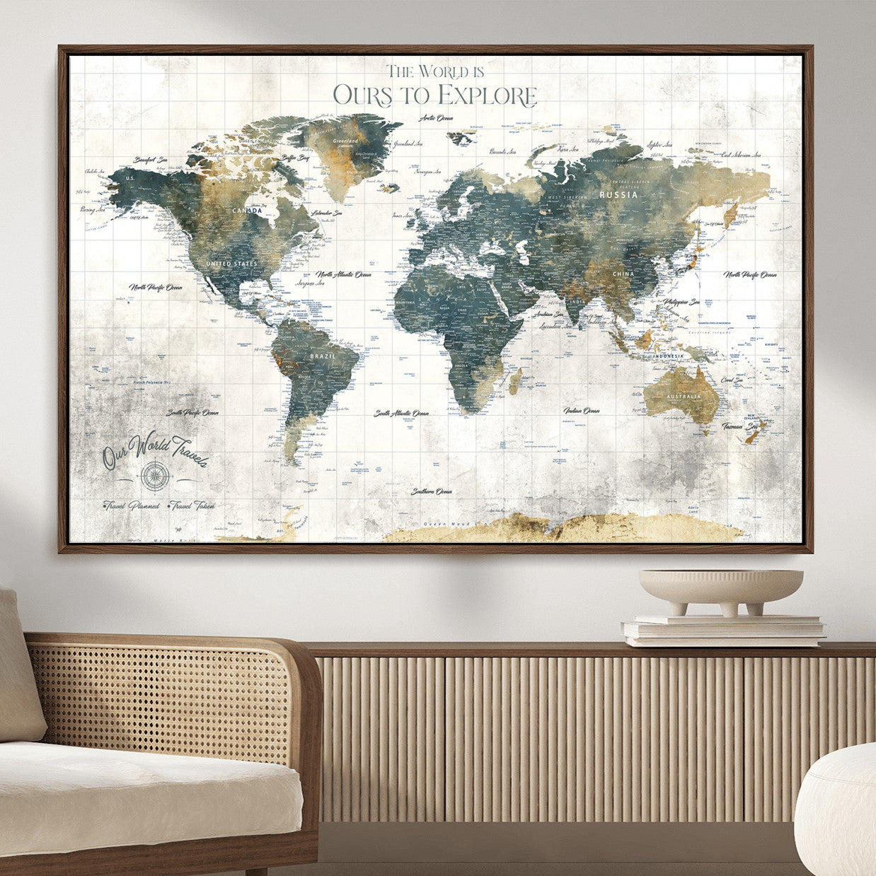14988581-MGV-FC-36X24 - Custom Push Pin World Map Wall Canvas Print – Personalized Travel Tracker with Pins – Framed Custom Quotie Canvas for Home Office Decor
