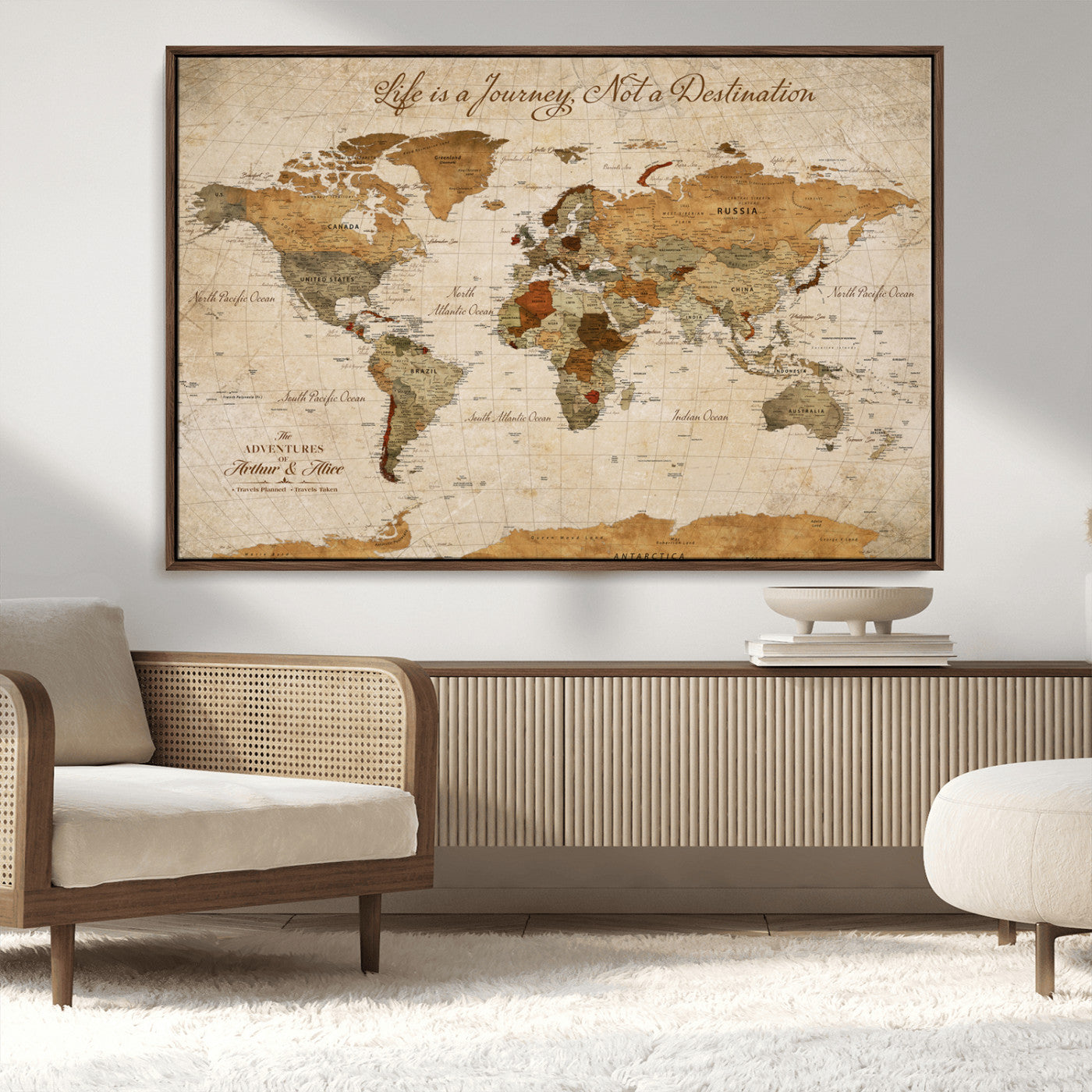 MGV-FC-36X24 - Customizable Framed World Map Wall Art, Personalized Push Pin Travel Maps Canvas Print, Handcrafted in USA, 100 Pins with Foam Backing