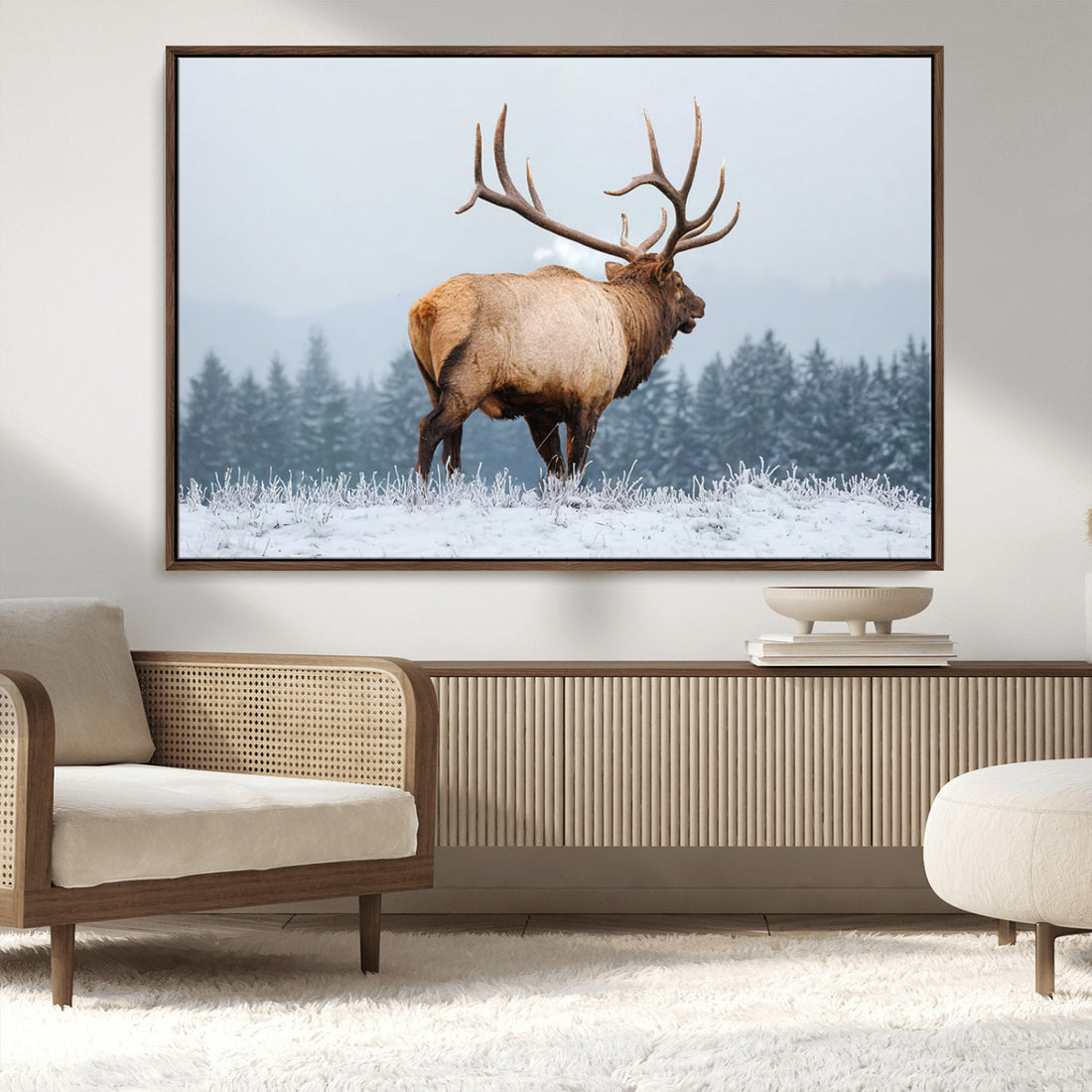 Majestic Elk Snowy Forest Wall Art Canvas Print, Winter Wilderness Wildlife