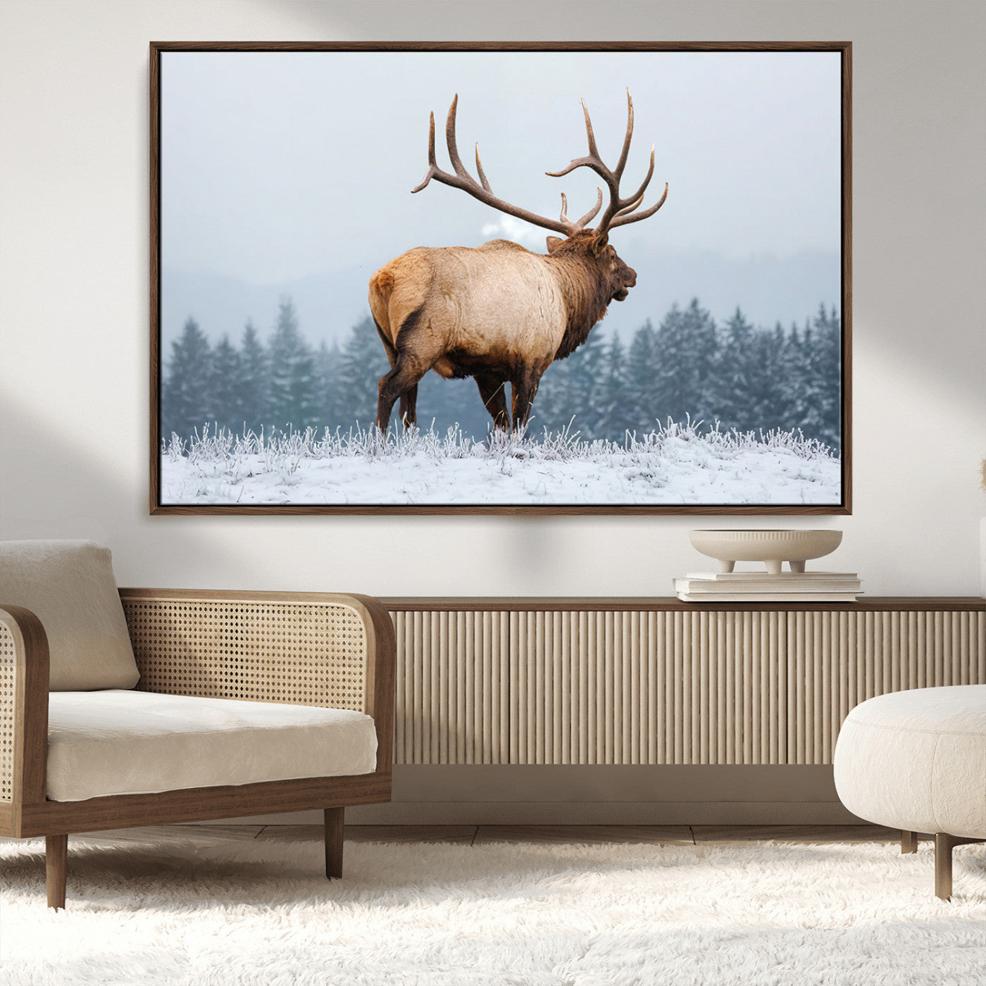 A majestic elk standing in a snowy landscape, with large antlers, set against a backdrop of evergreen trees and a soft winter sky.