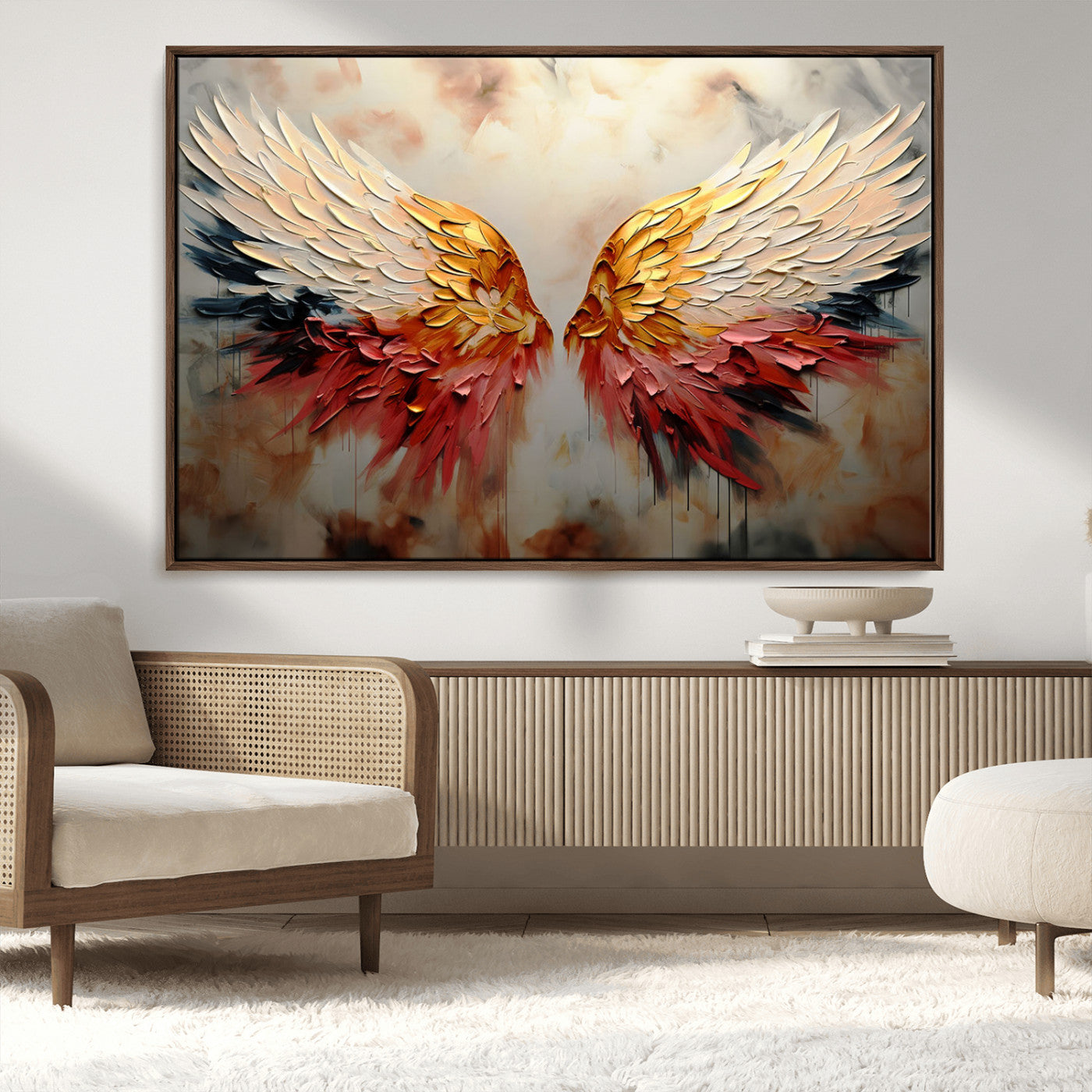 A stunning 3D-style painting of angel wings with vibrant gold, red, and black hues, creating a dramatic and striking visual effect.
