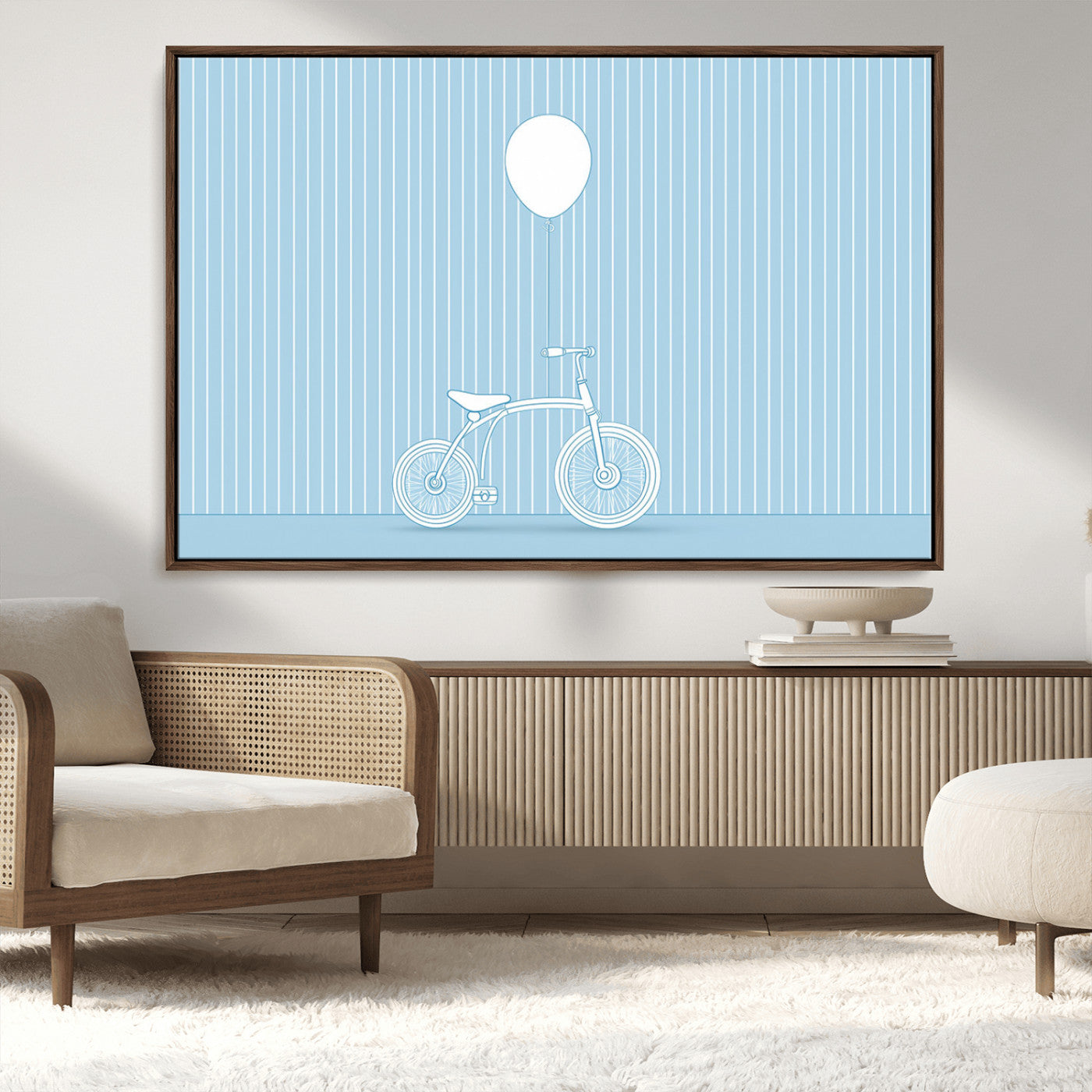A minimalistic blue line drawing of a bicycle with a balloon floating above it, set against a soft striped background.
