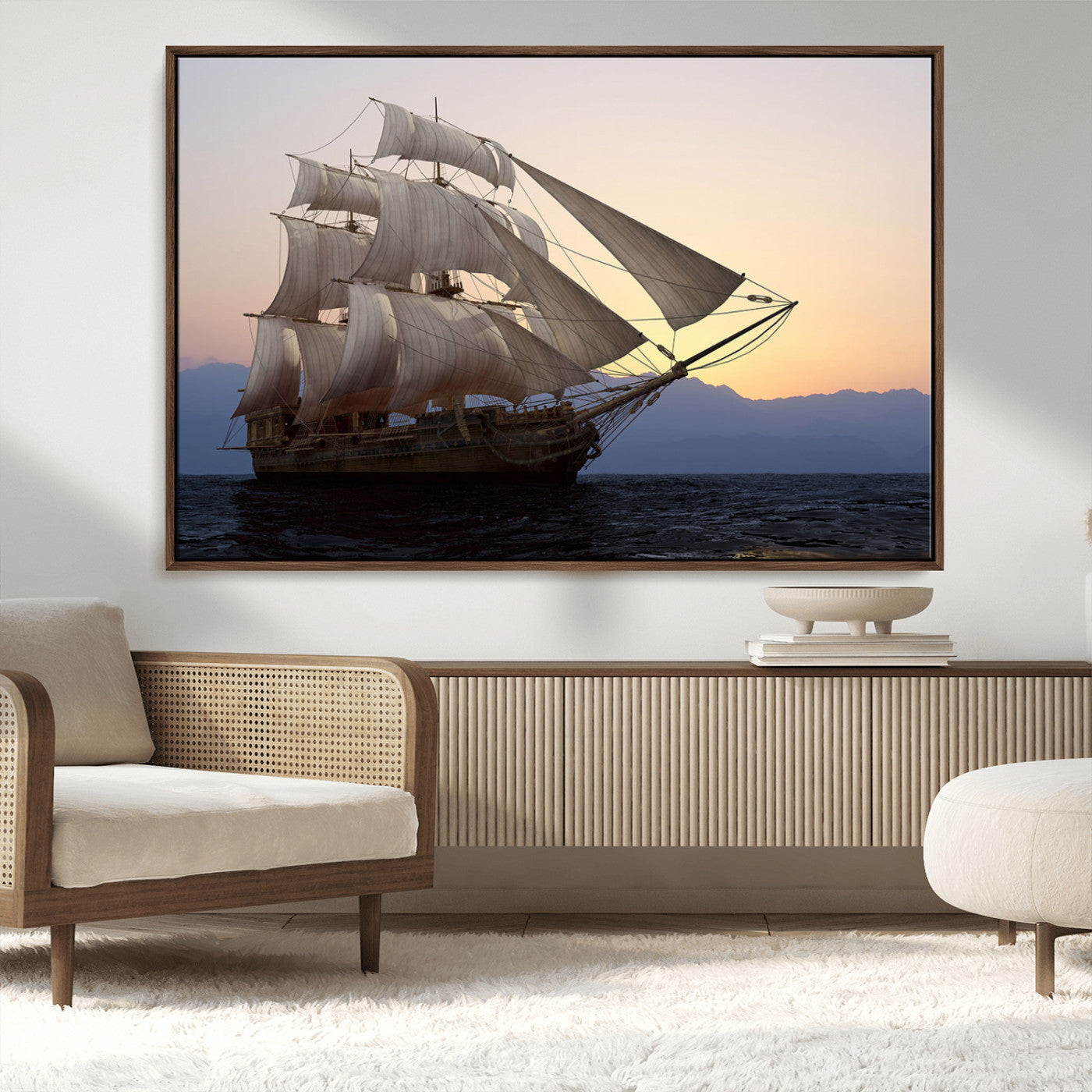 A majestic sailing ship with full sails, gliding through the ocean at sunset, with the soft glow of the sky casting a serene backdrop.
