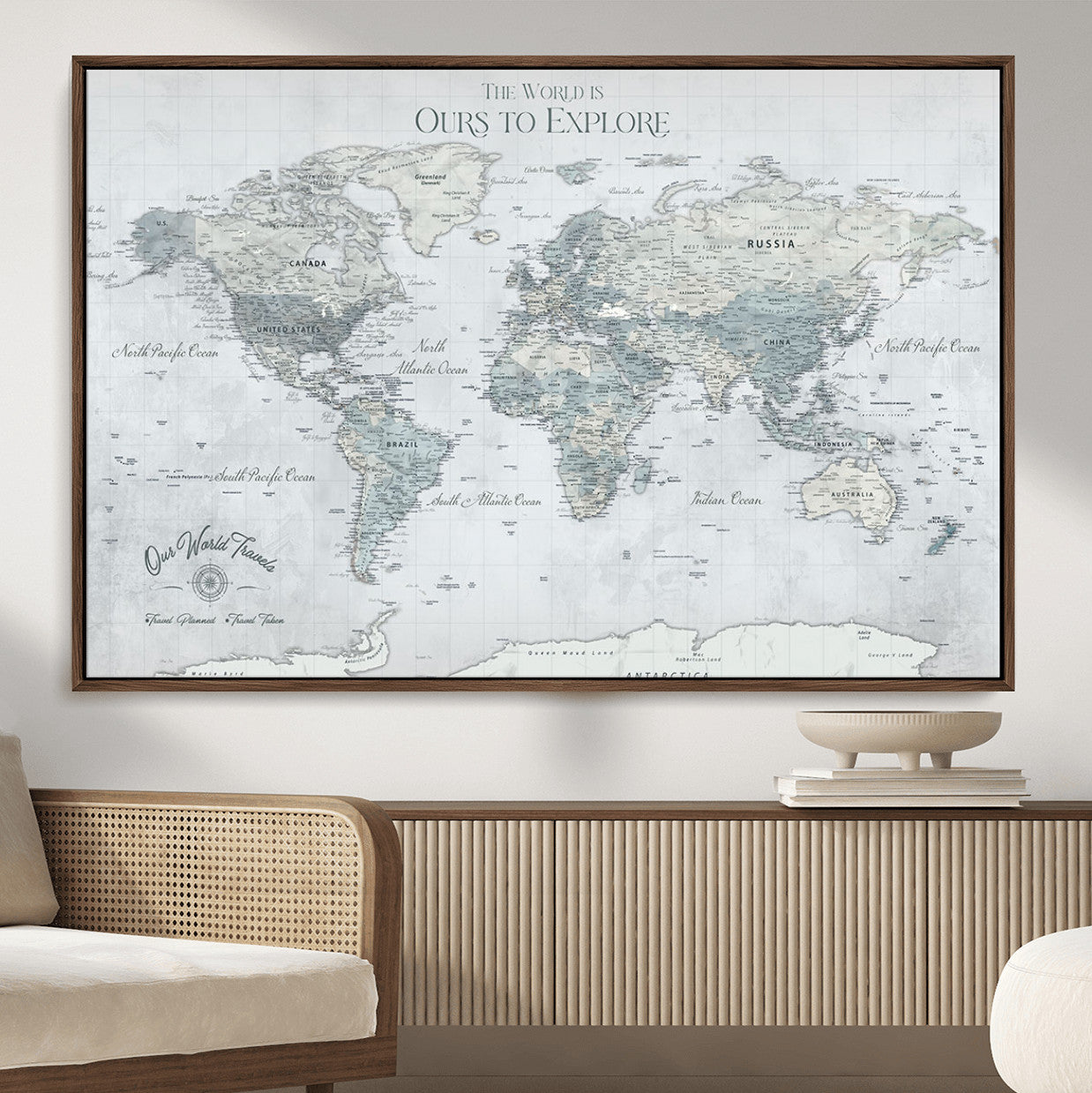 73654056-MGV-FC-36X24 - Personalized Push Pin World Map Canvas Print – Custom Framed Travel Tracker Artwork for Couples or Home Decor