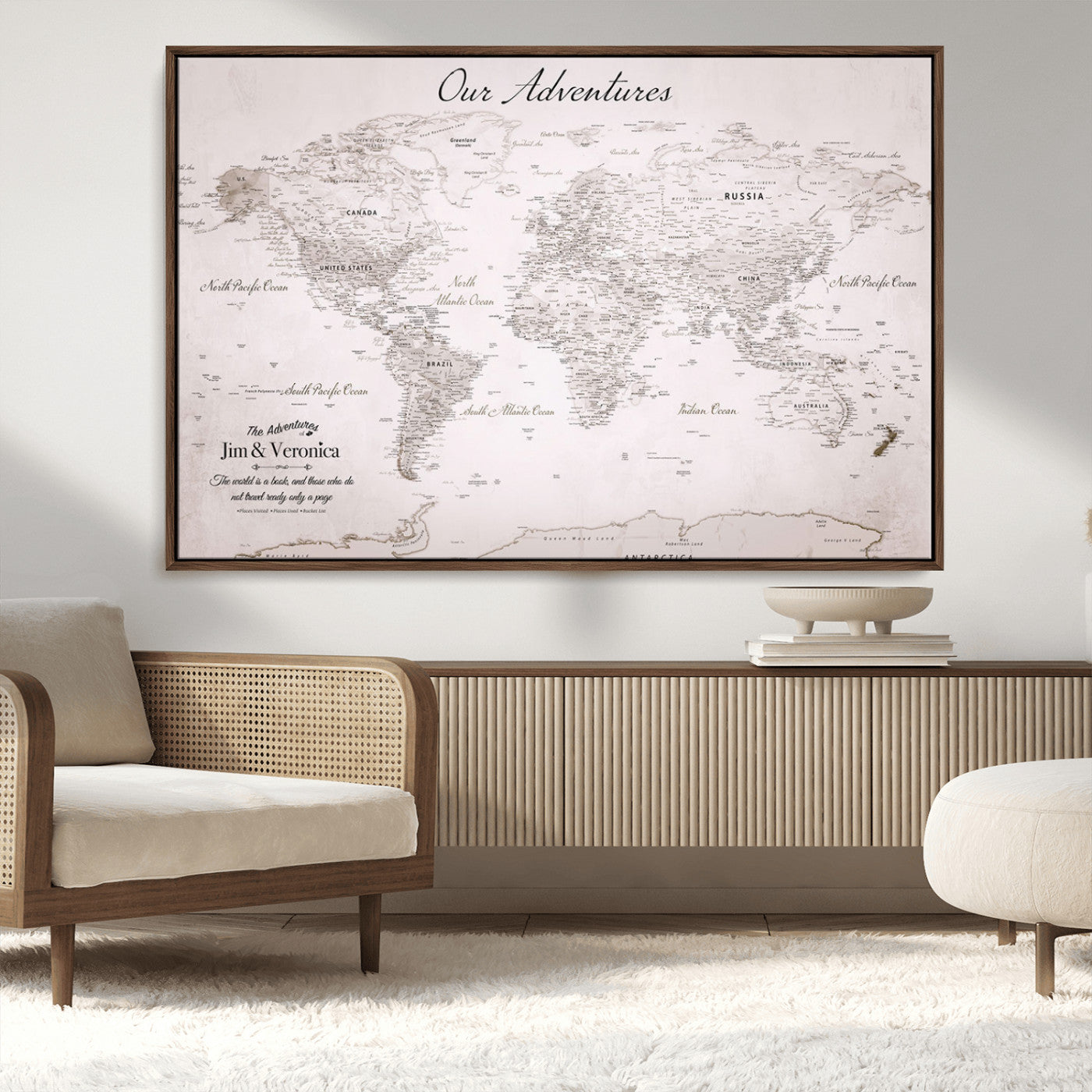 Customize Push Pin World Map Wall Canvas Print – Personalized Travel Map with Foam Pins – Framed Custom Quotie Canvas for Home Office Decor