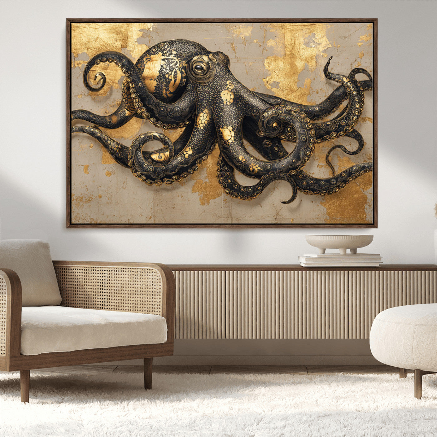 A stunning golden and black illustration of an octopus on a textured background with gold leaf accents, highlighting its intricate tentacles and unique design.