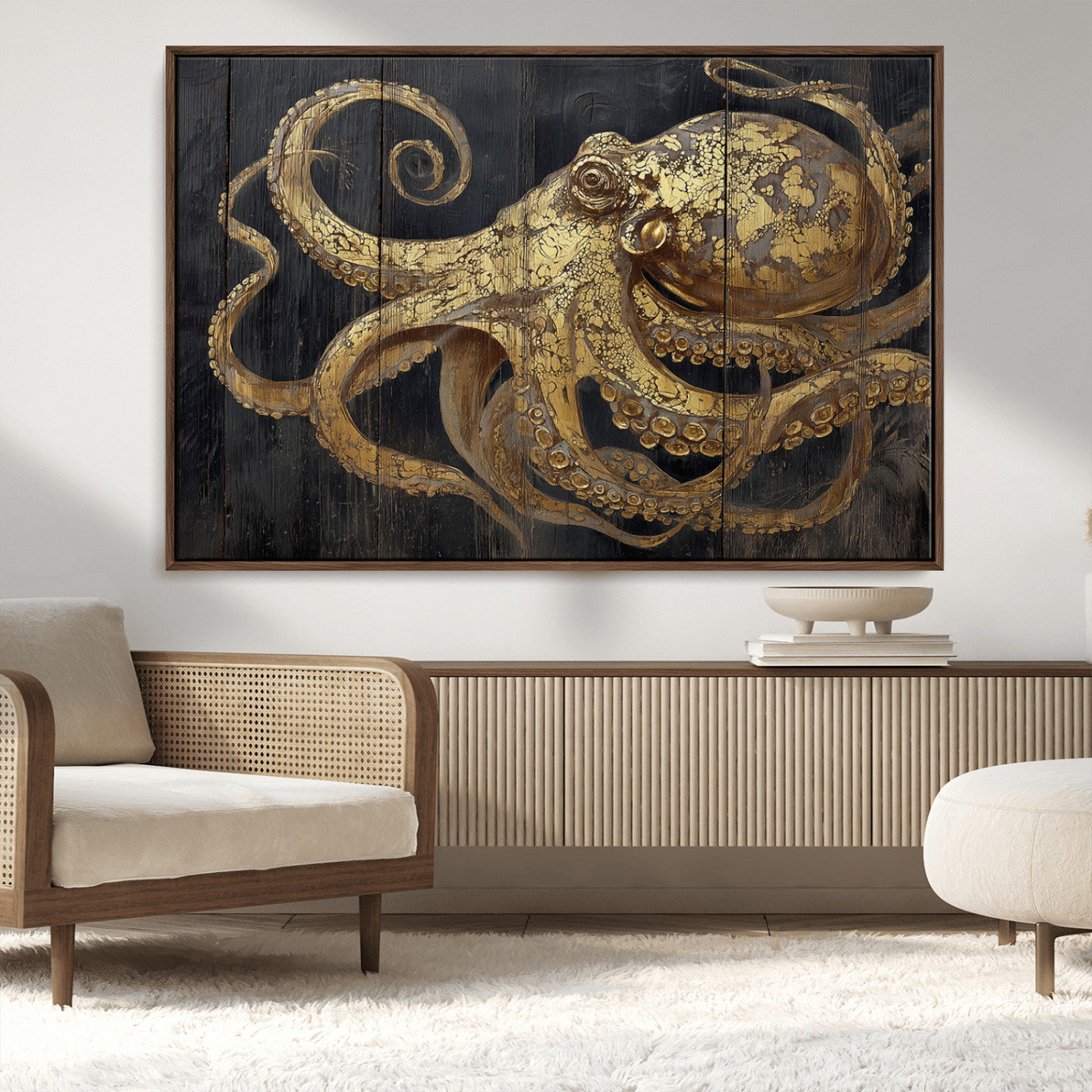 A detailed gold illustration of an octopus on black wooden planks, showing its intricate tentacles and textured skin in an artistic style.