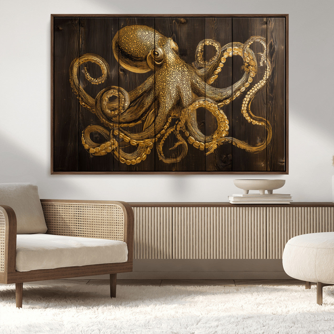 An artistic rendering of an octopus in gold ink on wooden planks, showcasing intricate details of its tentacles and textured skin.