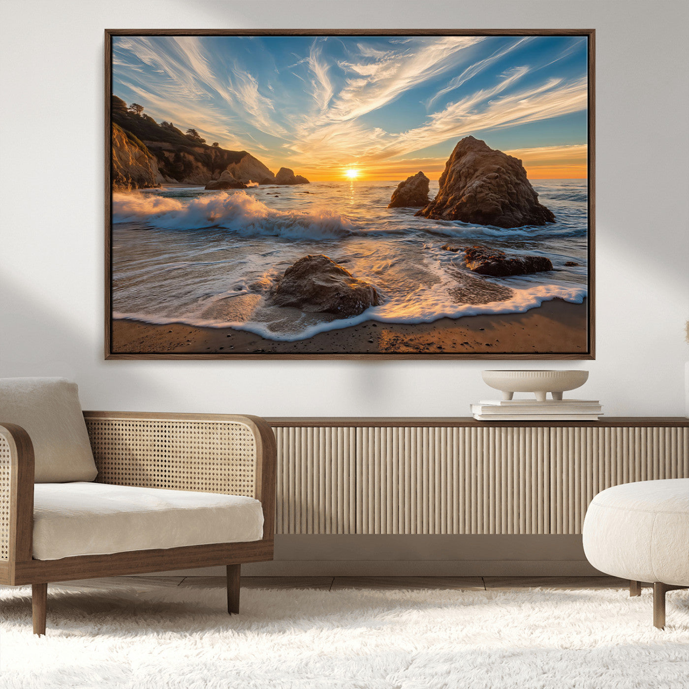 Rocky Ocean Sunset Wall Art Print, Seaside Canvas Wall Art, Dramatic Seascape Canvas Print for Coastal Modern Decor, Ocean Sunset Art Printing