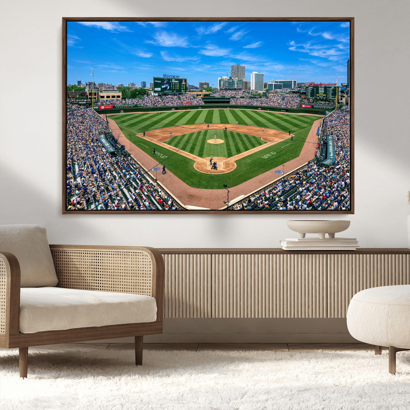 Wrigley Field Baseball Stadium Canvas Wall Art, Packed Crowd Sports Stadium Print, City Skyline Baseball Field Canvas for Game Room Decor
