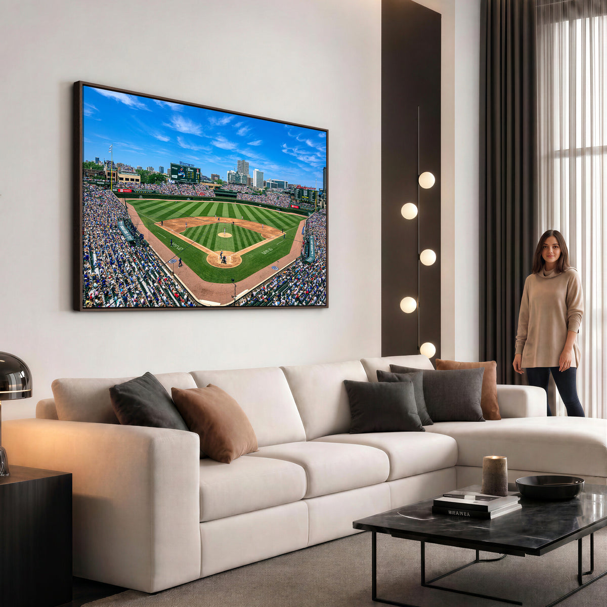 35800083-MGV-CV-36X24 - Wrigley Field Baseball Stadium Canvas Wall Art, Packed Crowd and Chicago Skyline