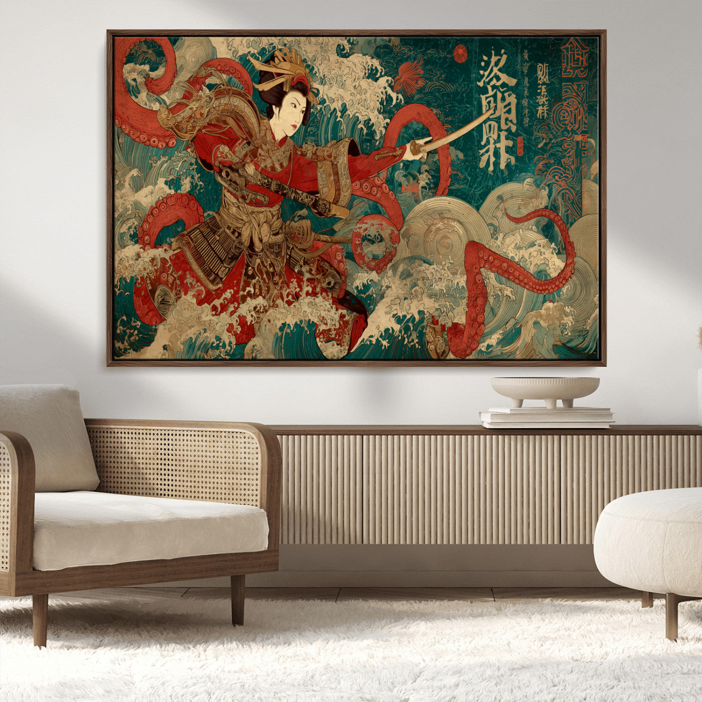 MGV-FC-36X24 - Tsukioka Yoshitoshi Samurai Wall Art Print, Japanese Katana Warrior Canvas Wall Art, Octopus Sea Monster Canvas Print,