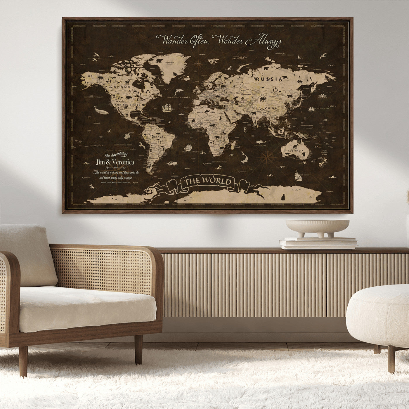 47004909-MGV-CV-36X24-Customize Push Pin World Map Wall Art Canvas Print – Personalized Map for Kids Room – Framed Custom Animal Map for Stady Room Decor