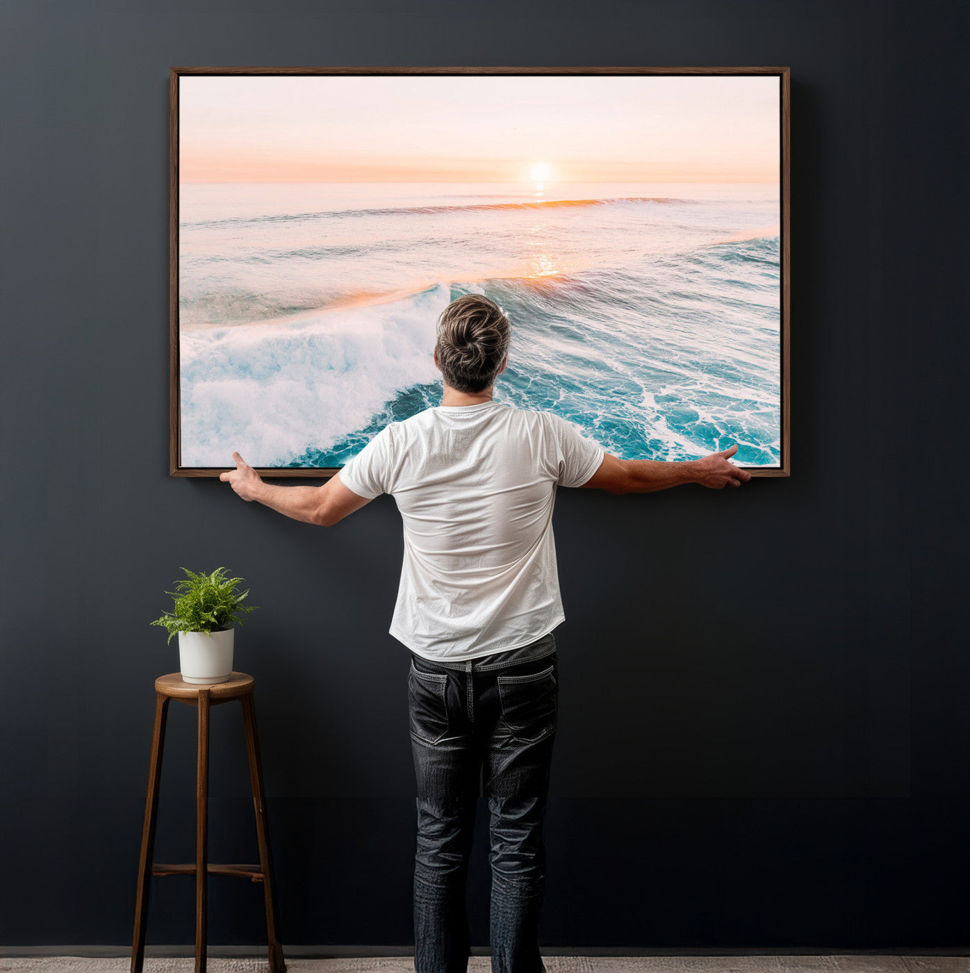 34064591-MGV-CV-36X24 - Sunset Surfing Wall Art Canvas Print, Ocean Wave Surfer with Golden Sky Artwork for Home, Office, Living Room
