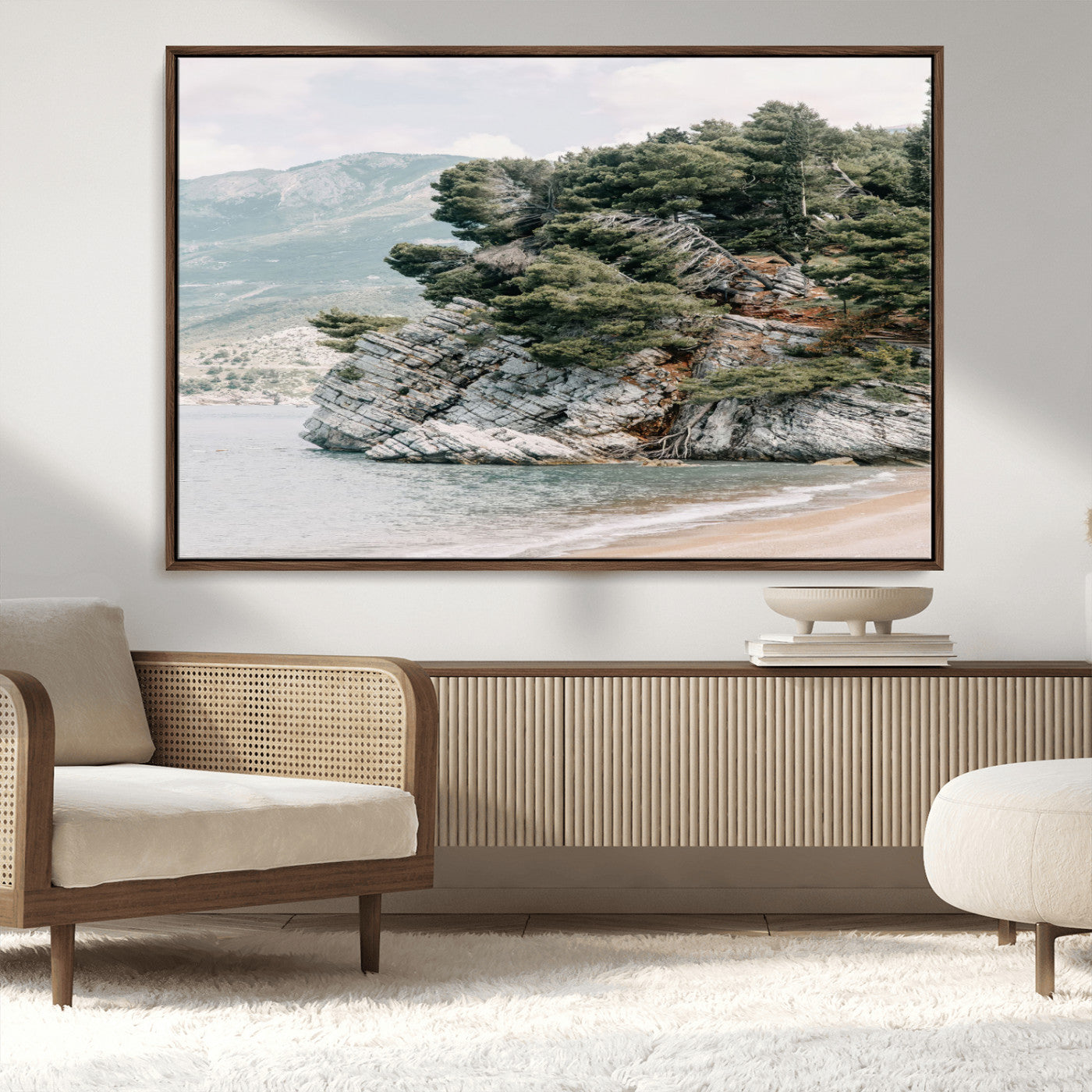 MGV-FC-36X24 - Coastal Rock Canvas Wall Art Print, Scenic Beach Landscape, Pine Trees on Rocky Cliff, Large Nature