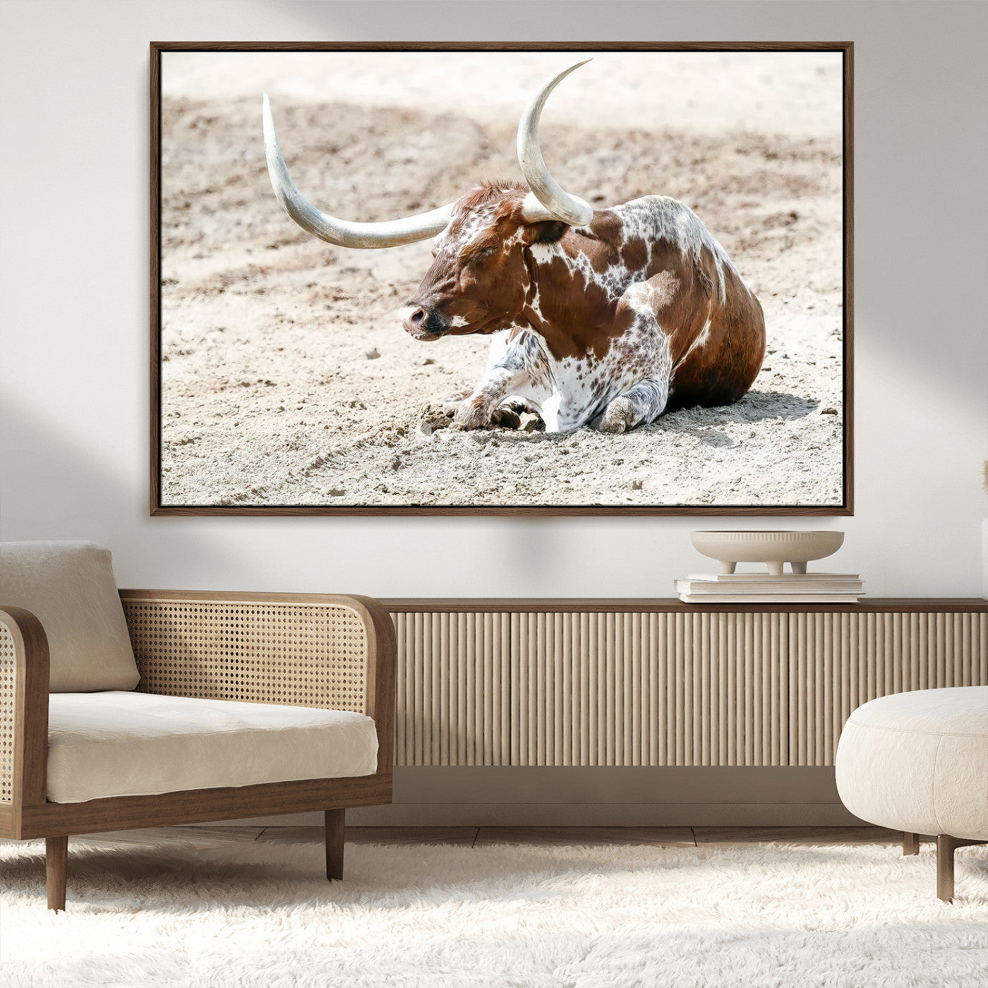 MGV-FC-36X24 - Majestic Longhorn Resting on Sunlit Desert Ground – Striking Western-Themed Wall Art Canvas Print