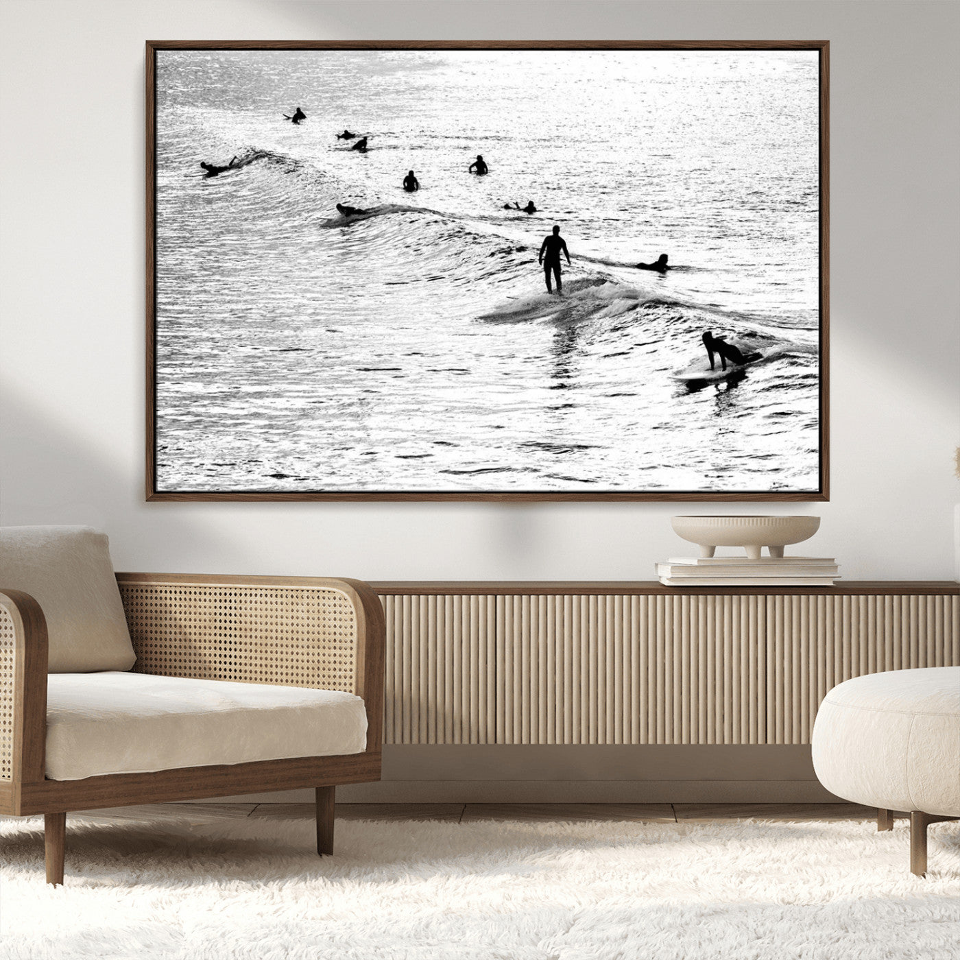 MGV-FC-36X24 - Black and White Surfers Riding Gentle Ocean Waves – Minimalist Coastal Photography Wall Art Canvas