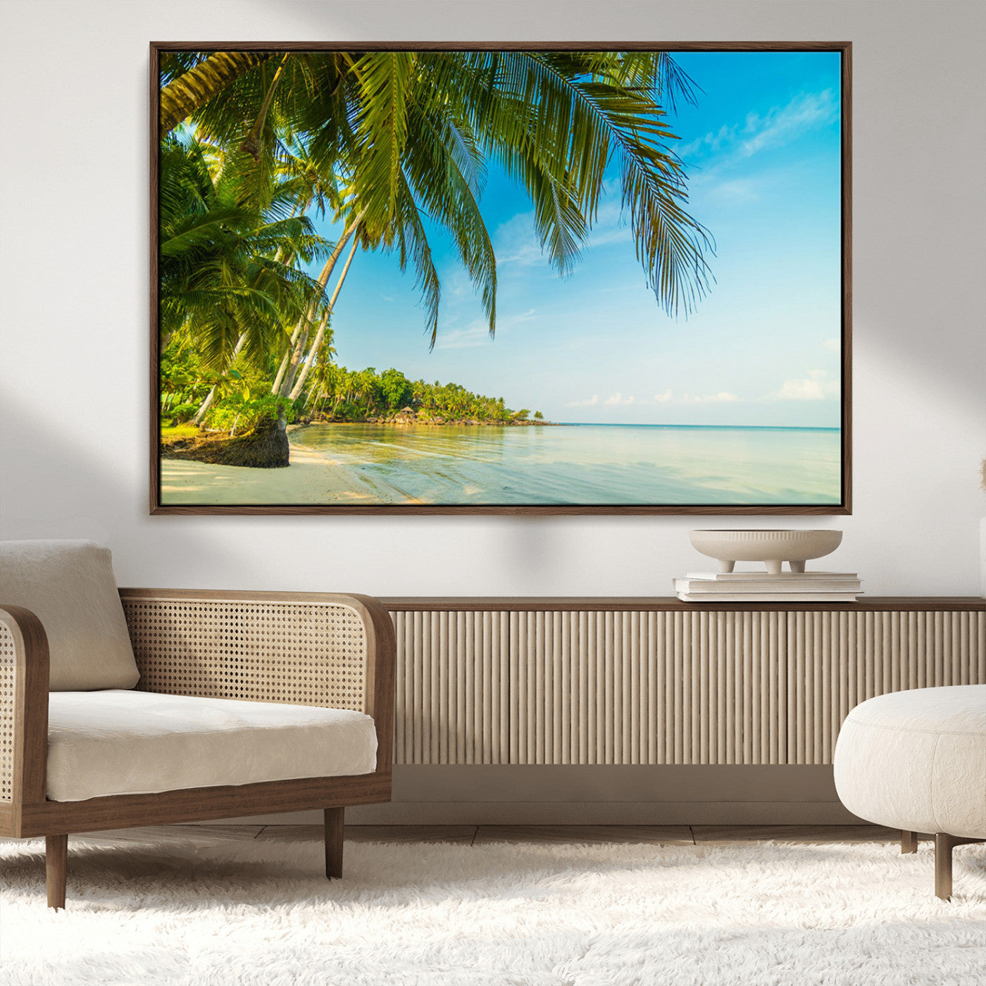 MGV-FC-36X24 - Peaceful Tropical Beach with Palm Trees and Calm Blue Sea – Serene Coastal Wall Art Canvas Print for