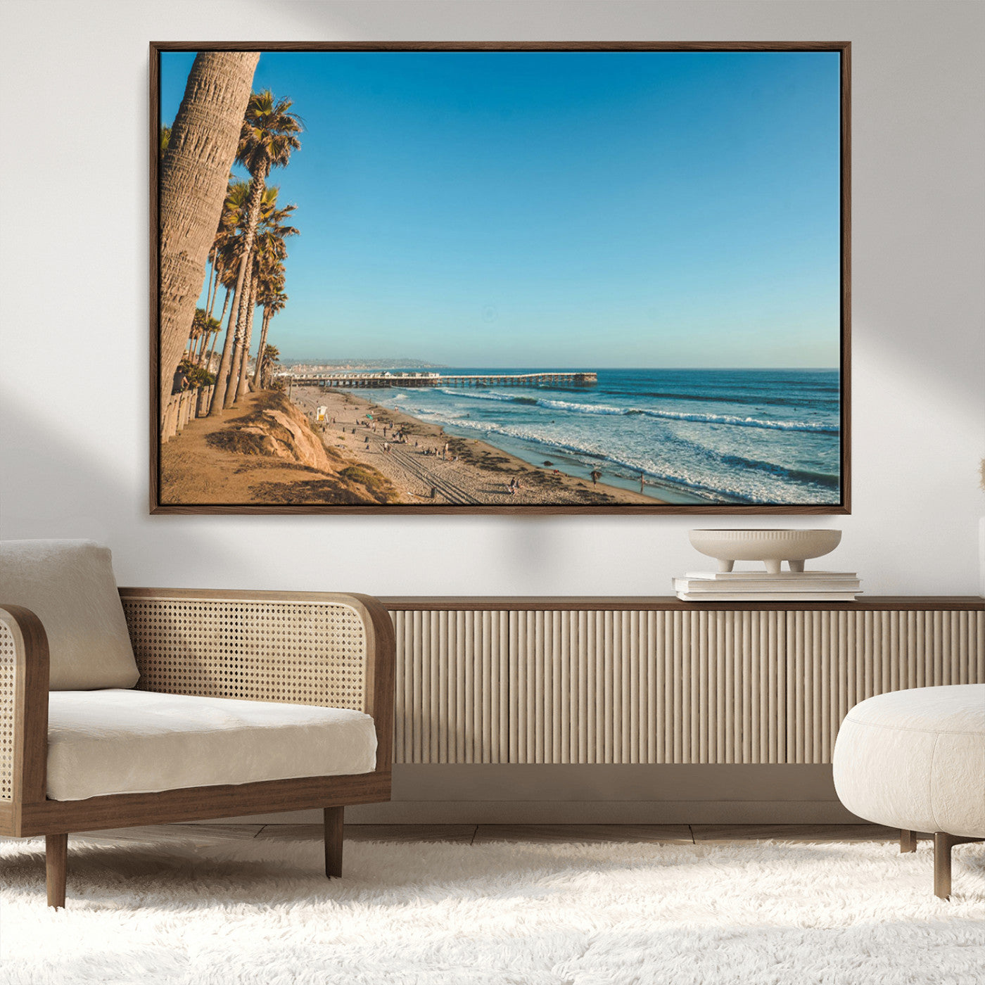 MGV-FC-36X24 - Scenic Beach with Tall Palm Trees, Sandy Shore, and Long Pier Stretching into the Calm Ocean Under