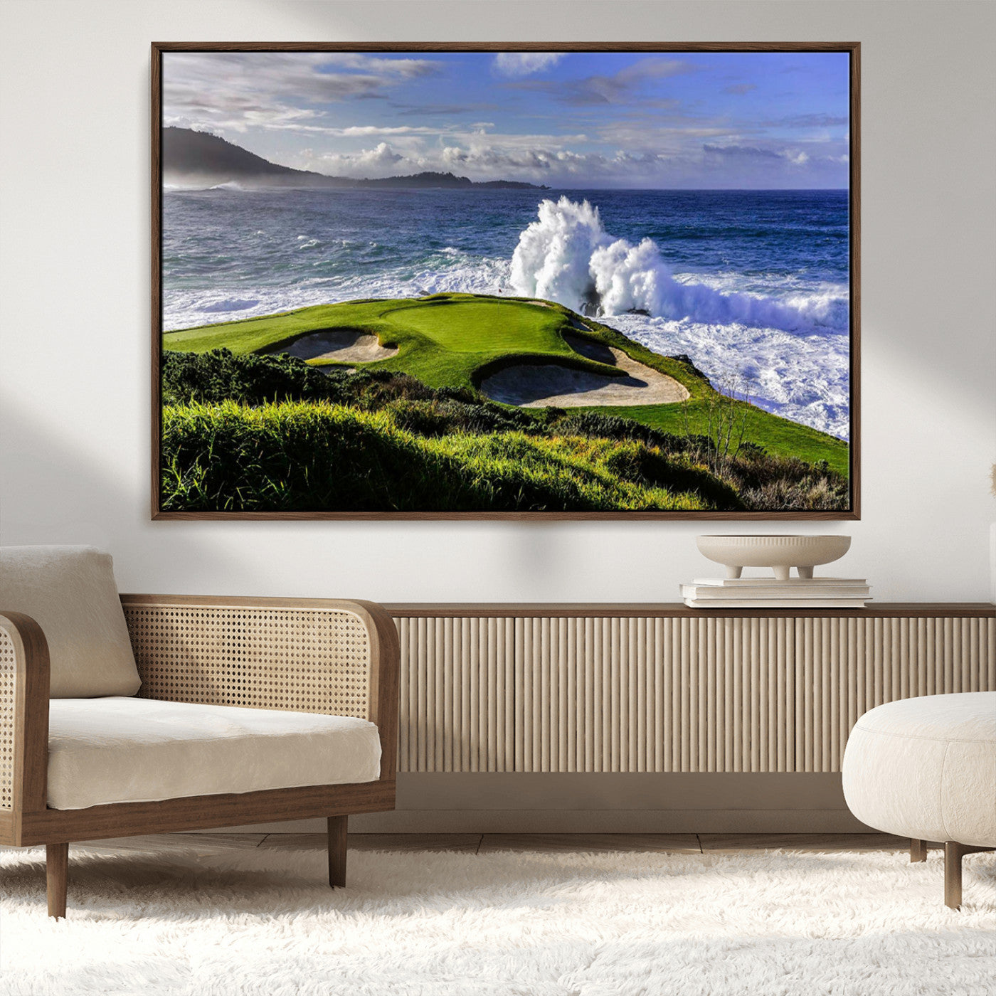 -Dramatic Ocean Waves Crashing Against Rocky Coastline Near a Green Golf Course – Stunning Wall Art