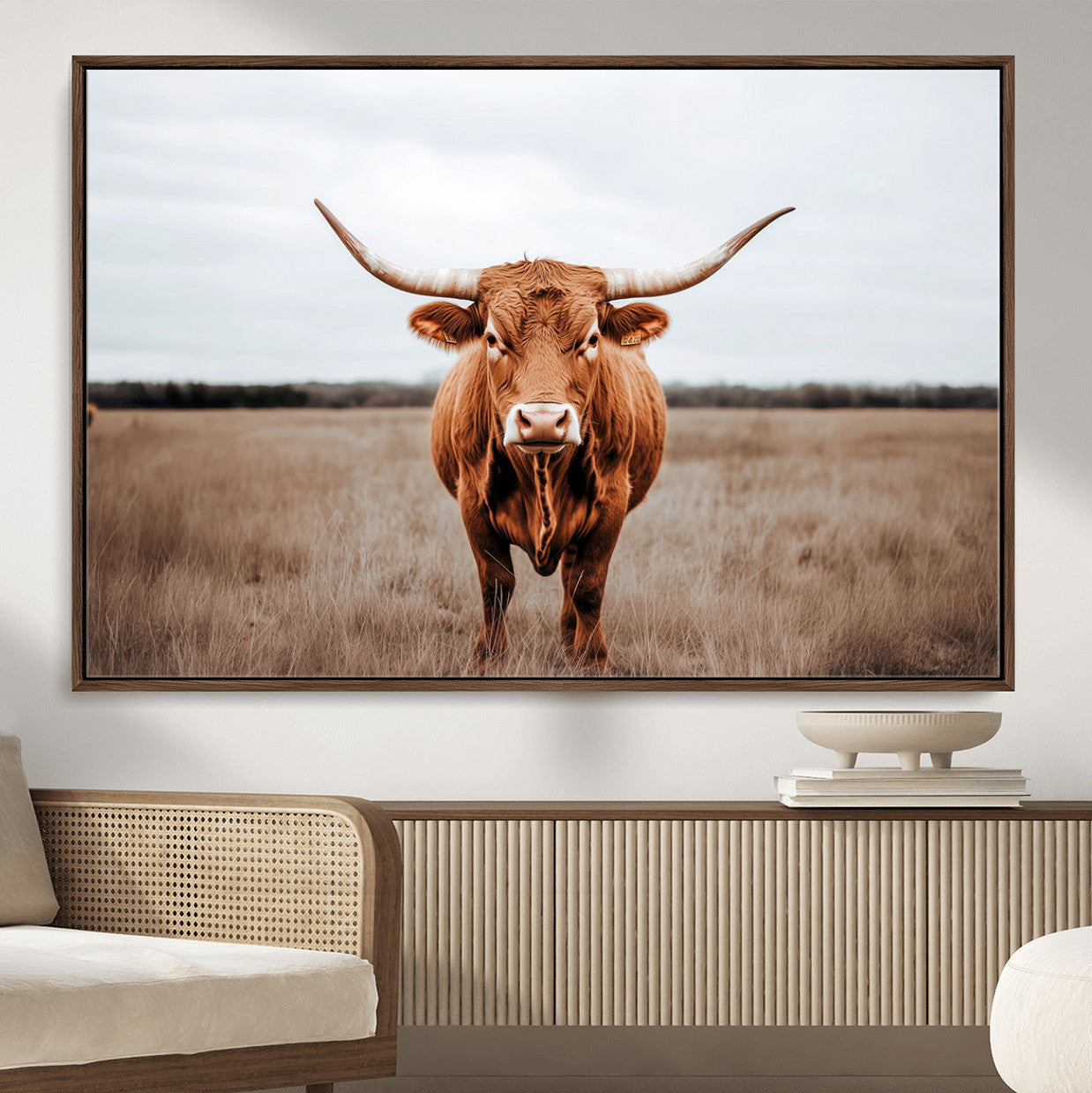 16316734-MGV-FC-36X24 - Longhorn bull, open field, rustic charm, natural beauty, Wall Art Canvas Print, countryside,