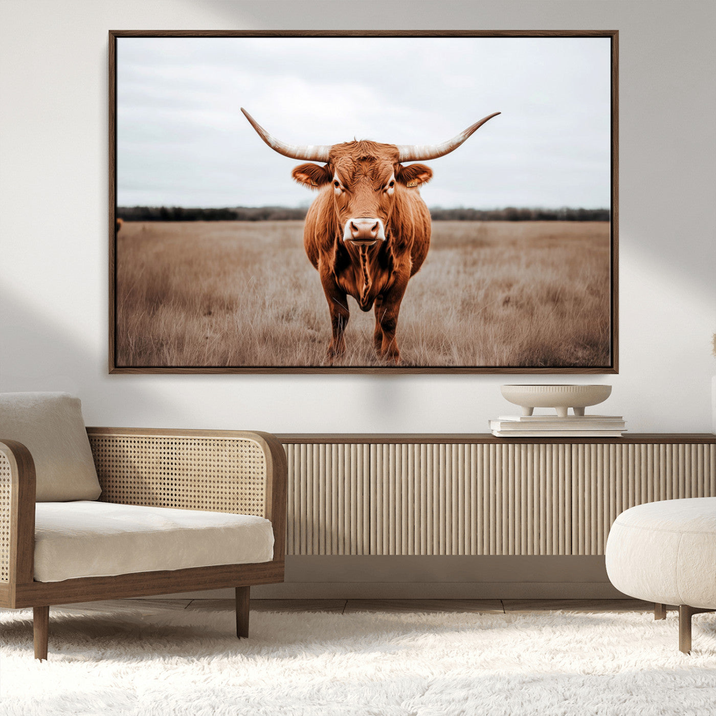 MGV-FC-36X24 - Longhorn bull, open field, rustic charm, natural beauty, Wall Art Canvas Print, countryside,