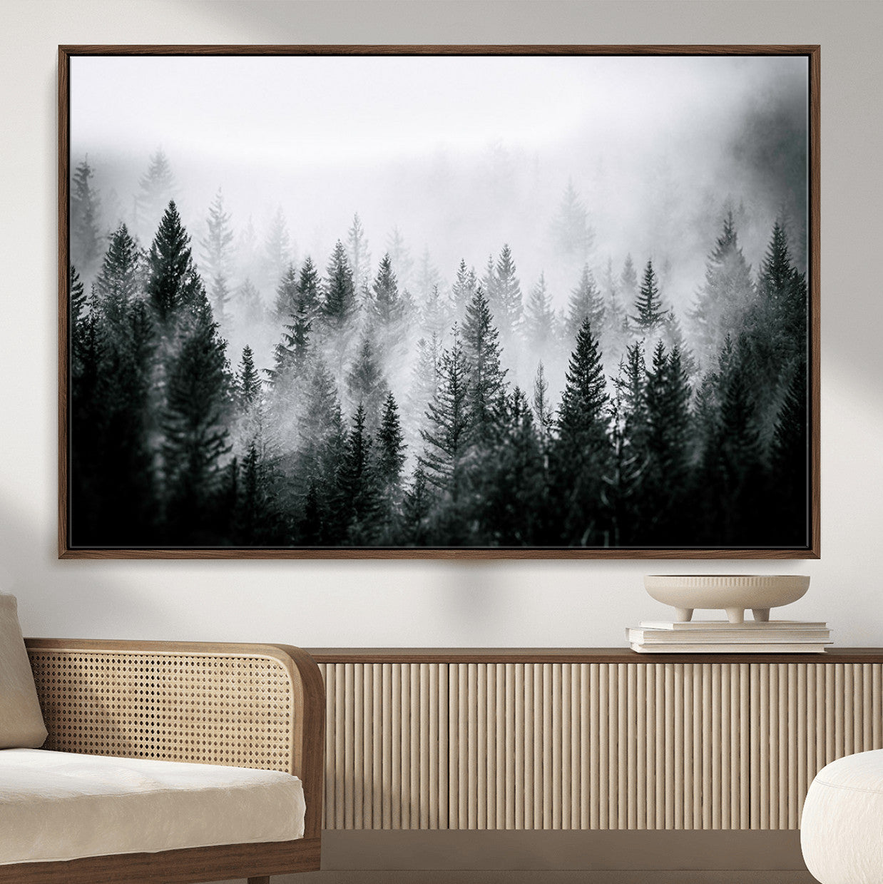 87750525-MGV-FC-36X24_Walnut-Foggy Pine Forest Wall Art – Black White Nature Landscape Canvas Artwork, Misty Trees Design, Modern Decor for Home, Office