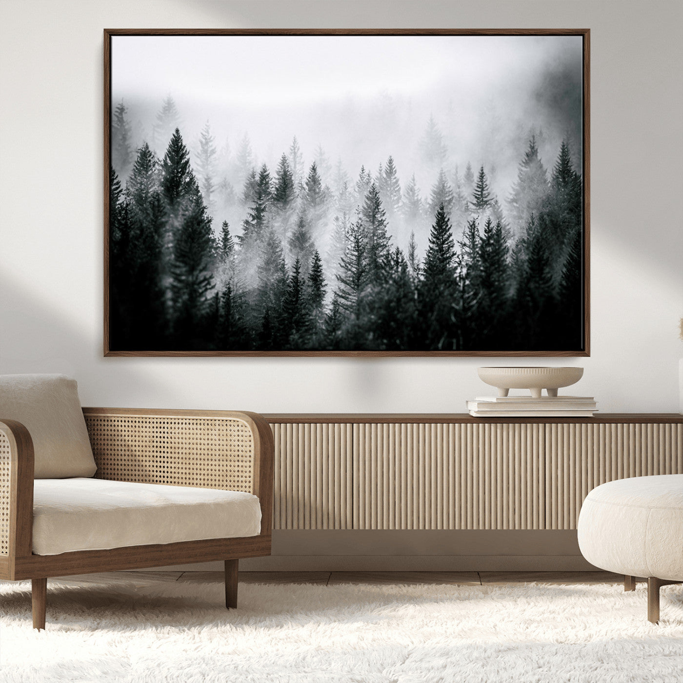 MGV-FC-36X24 - Foggy Pine Forest Canvas Wall Art, Horizontal Black and White Nature Landscape Print for Modern,