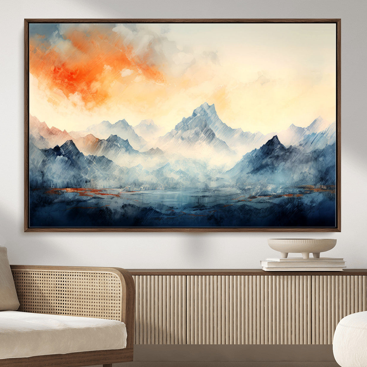 WRM1005-MGV-FC-36X24 - Warm Clouds Abstract Mountain Wall Art, Modern Landscape Canvas Print, Minimal Framed Artwork for Home, Office