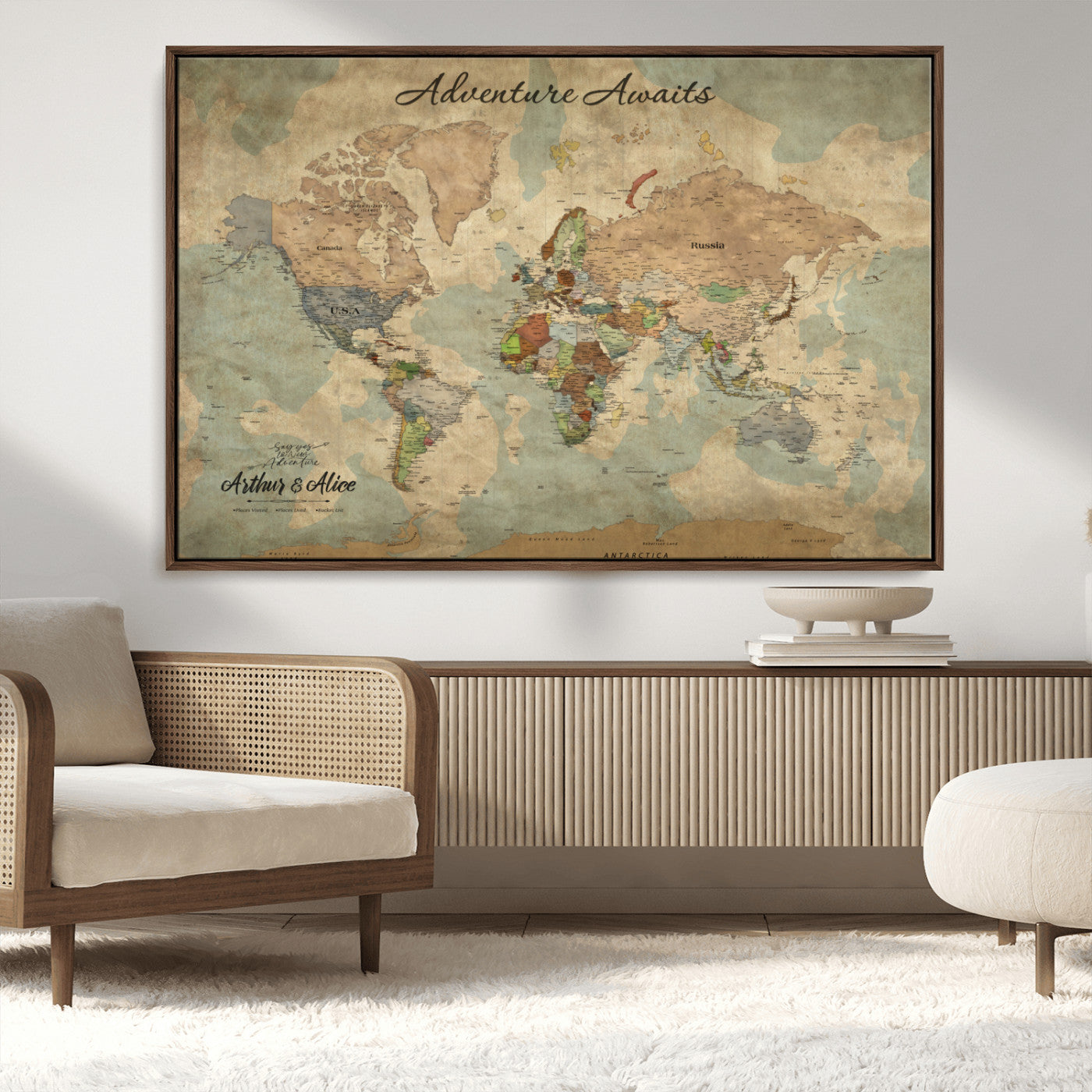 MGV-FC-36X24 - Personalized World Map Wall Art Canvas Print – Custom Push Pin Travel Map for Couples, Families, or Office Décor