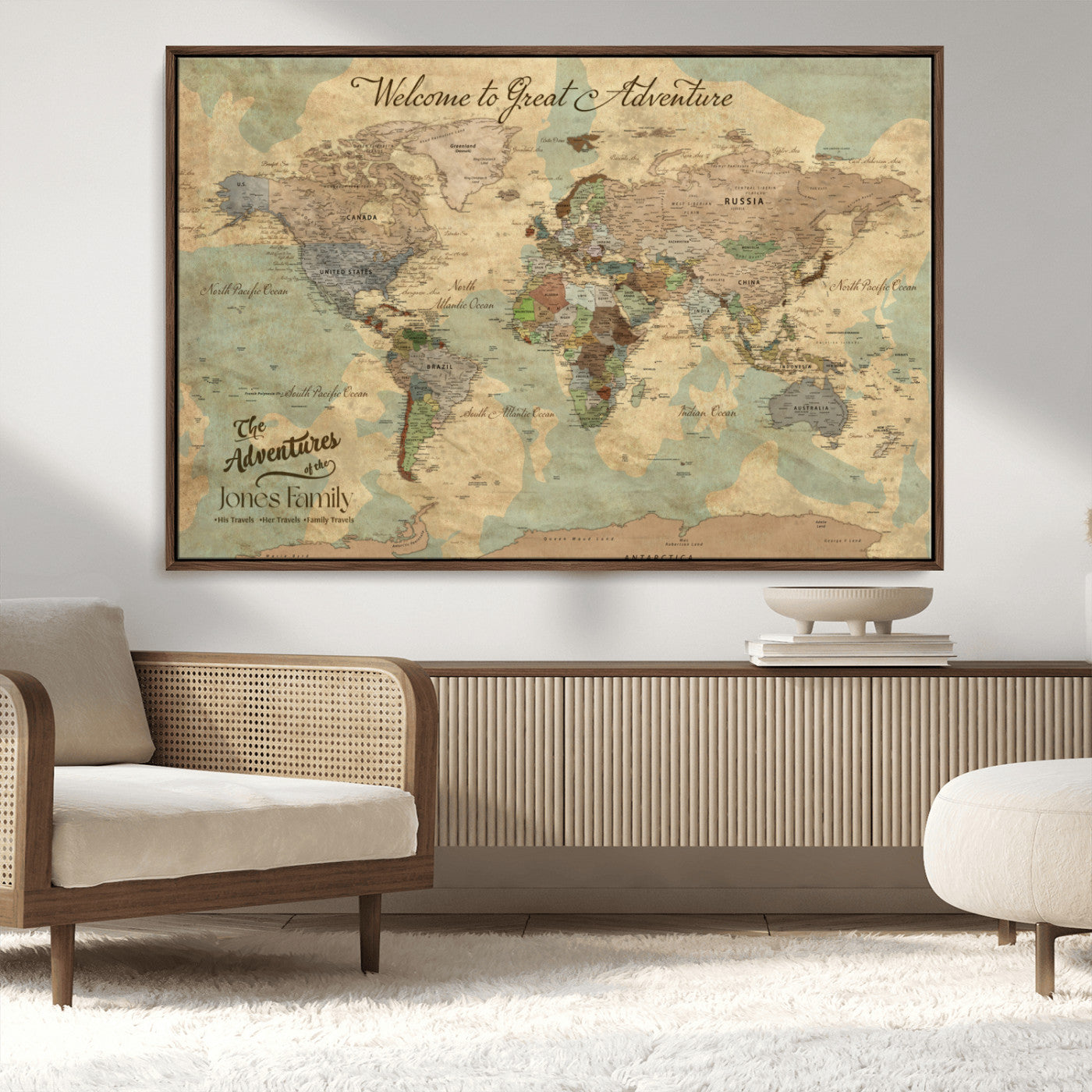 MGV-FC-36X24 - Personalized World Map Wall Art Canvas Print – Custom Push Pin Travel Map for Couples, Families, or Office Décor