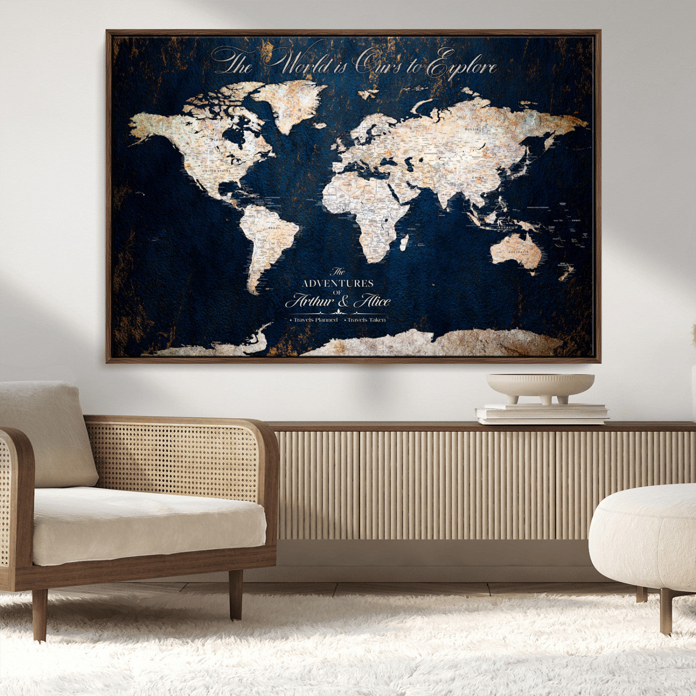 MGV-FC-36X24 - Personalized World Map Wall Art Canvas Print – Custom Push Pin Travel Map for Couples, Families, or Office Décor